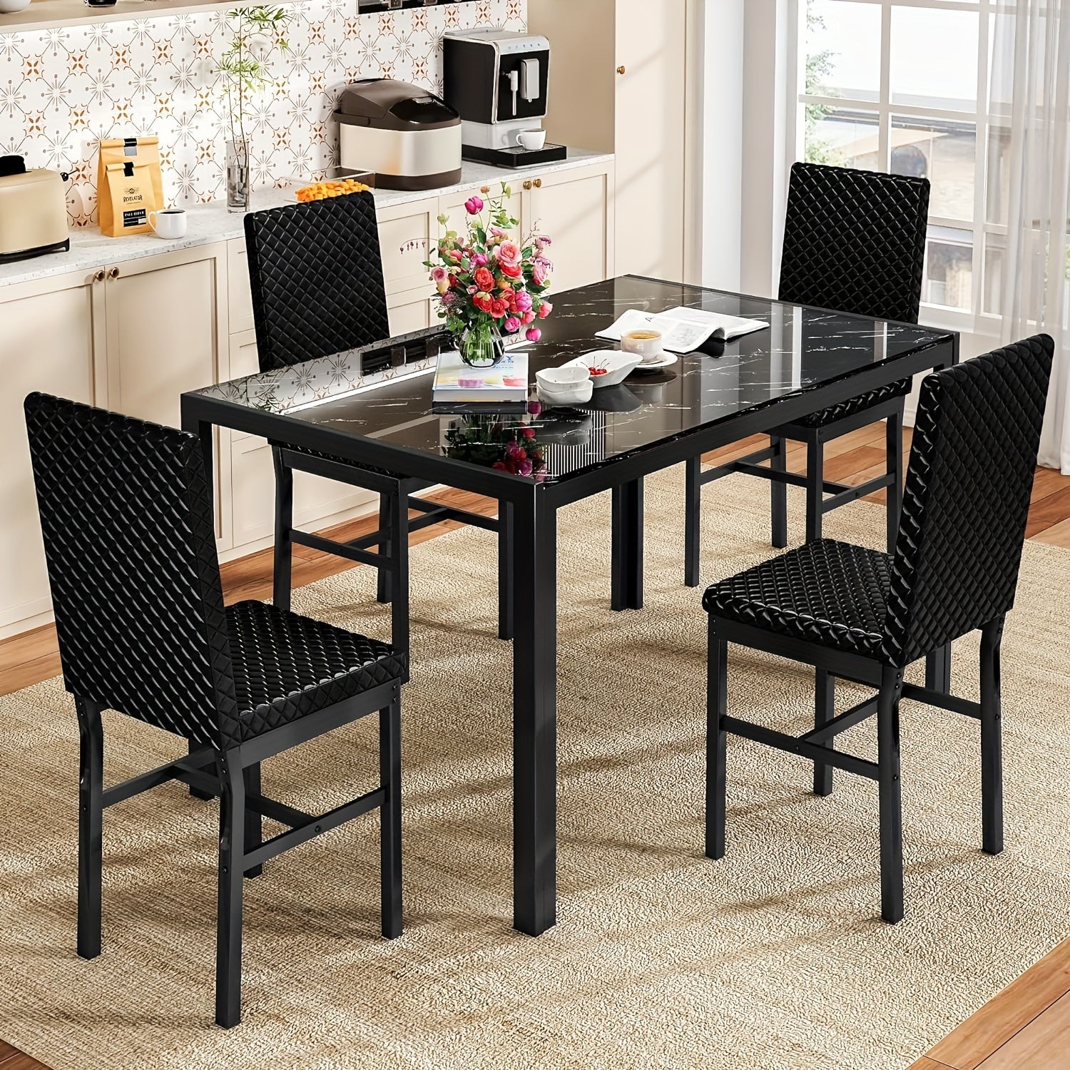 Modern Luxurious Style 5pcss Dining Room Table Set, 5pcs Dining Table Bar Table Set With Tempered Glass Tabletop, Metal Frame And Faux Leather Upholstered Dining Chairs, 4-Person Breakfast Nook Dining Table Set Other(Furnitur