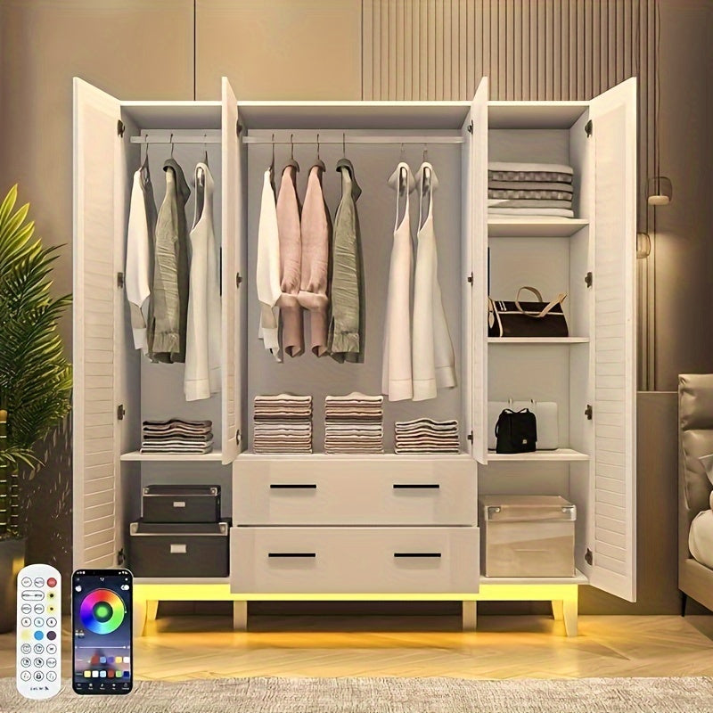 4-Door Armoire Wardrobe Closet Cabinet With Drawers And LED Lights, Multi-Tier Shelves, Hanging Rod & 4 Louver Doors, Large Capacity Storage Wardrobe Armoire For Bedroom