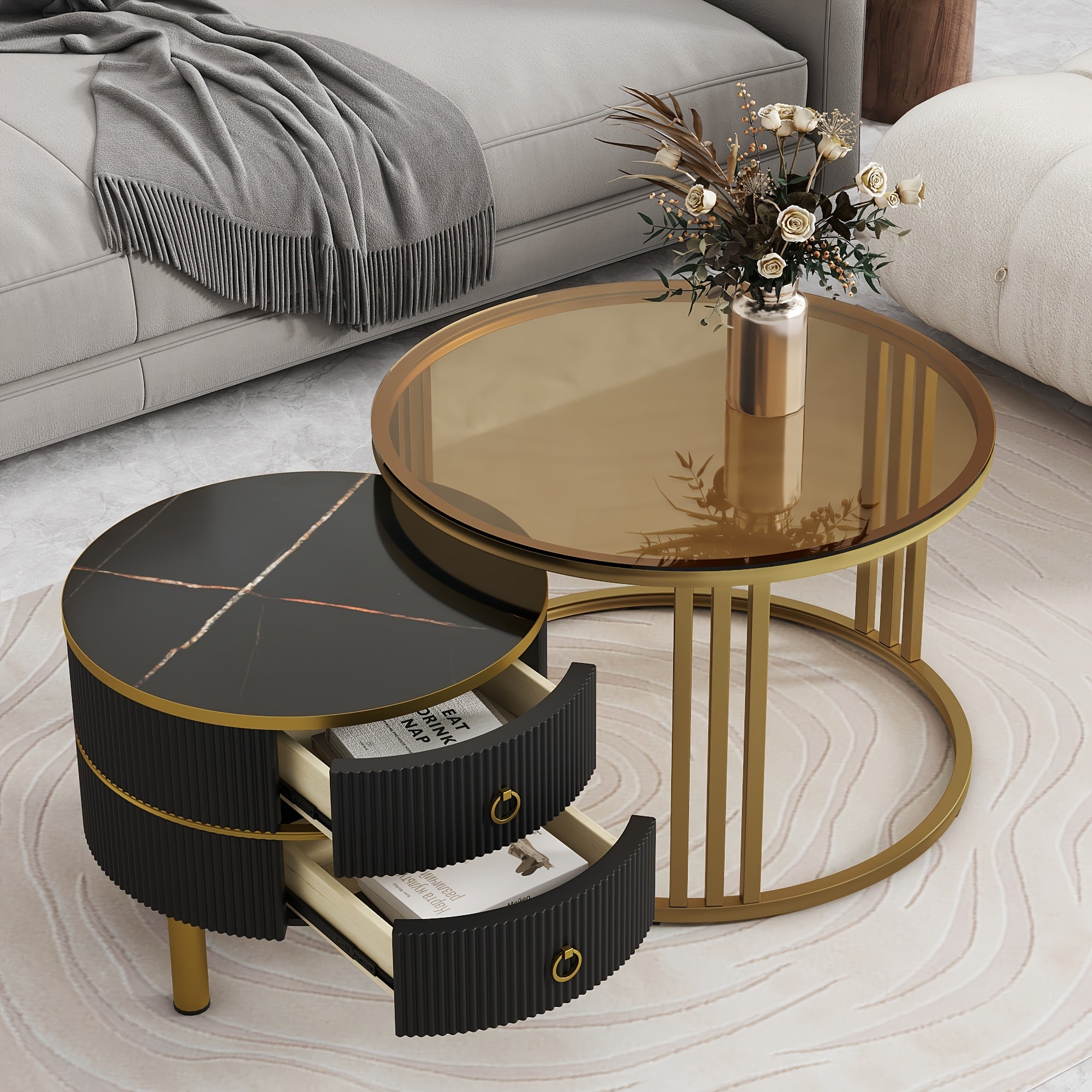 2-Piece Stackable Coffee Table With 2 Drawer Set With Brown Tempered Glass And High-Gloss Marble Top, 2-Piece Living Room Round Center Table, Patio Table, White, Gold, Black, Modern, Pop Storage