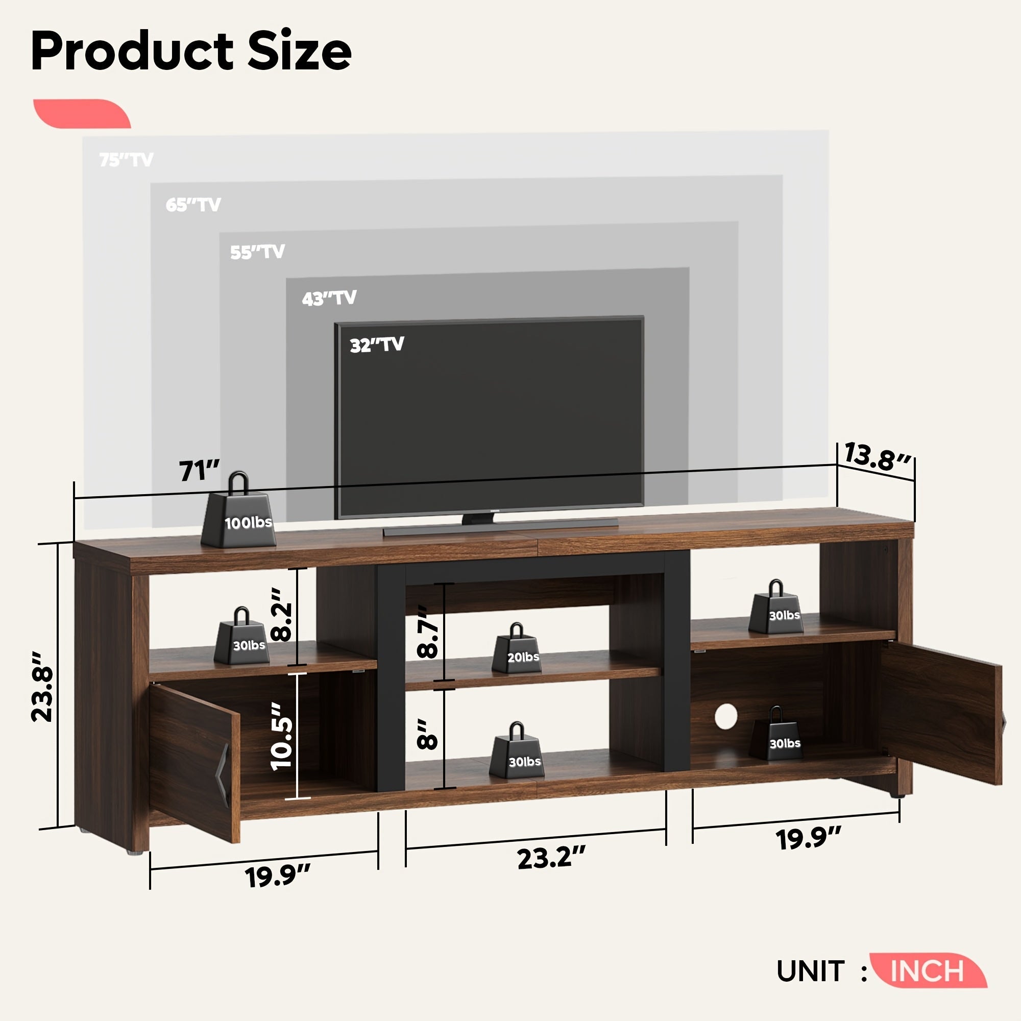 Modern 178cm Walnut TV Stand with LED Lights - Spacious Entertainment Center for Living Room & Bedroom Fits Up to 80’’