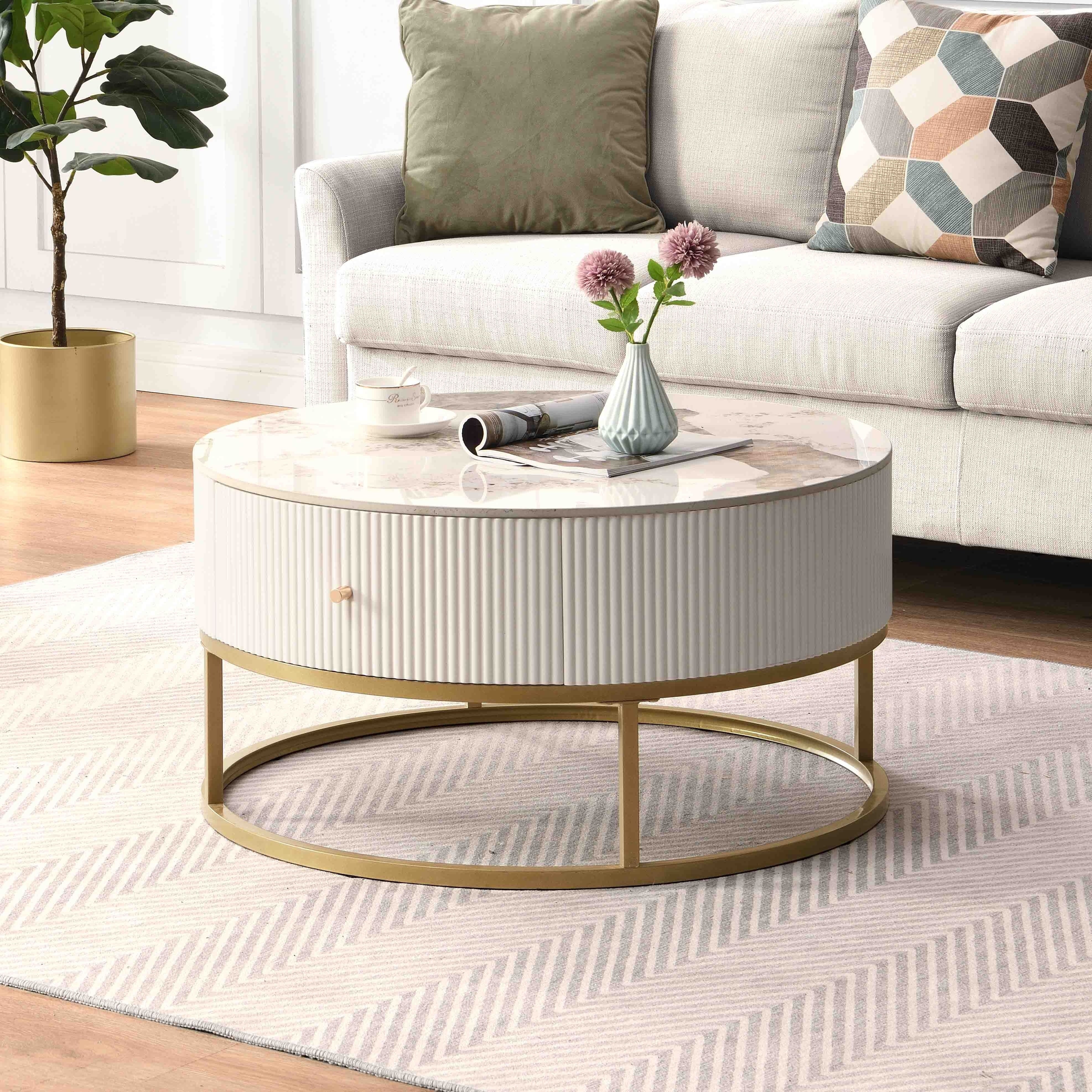 80cm Modern Round Coffee Table With Drawers, Marble Table With Storage, Coffee Table For Living Room