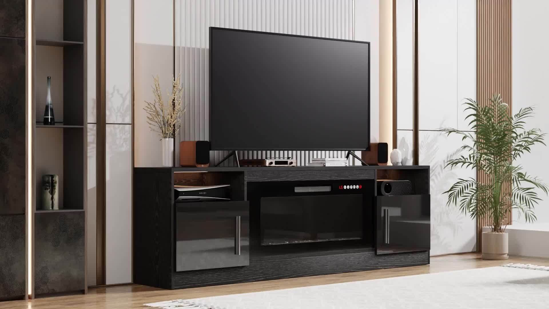 1pc Modern 178cm Wooden Fireplace TV Stand with 36’’ LED Fireplace Square Media Console for 80’’ TVs High Gloss Storage