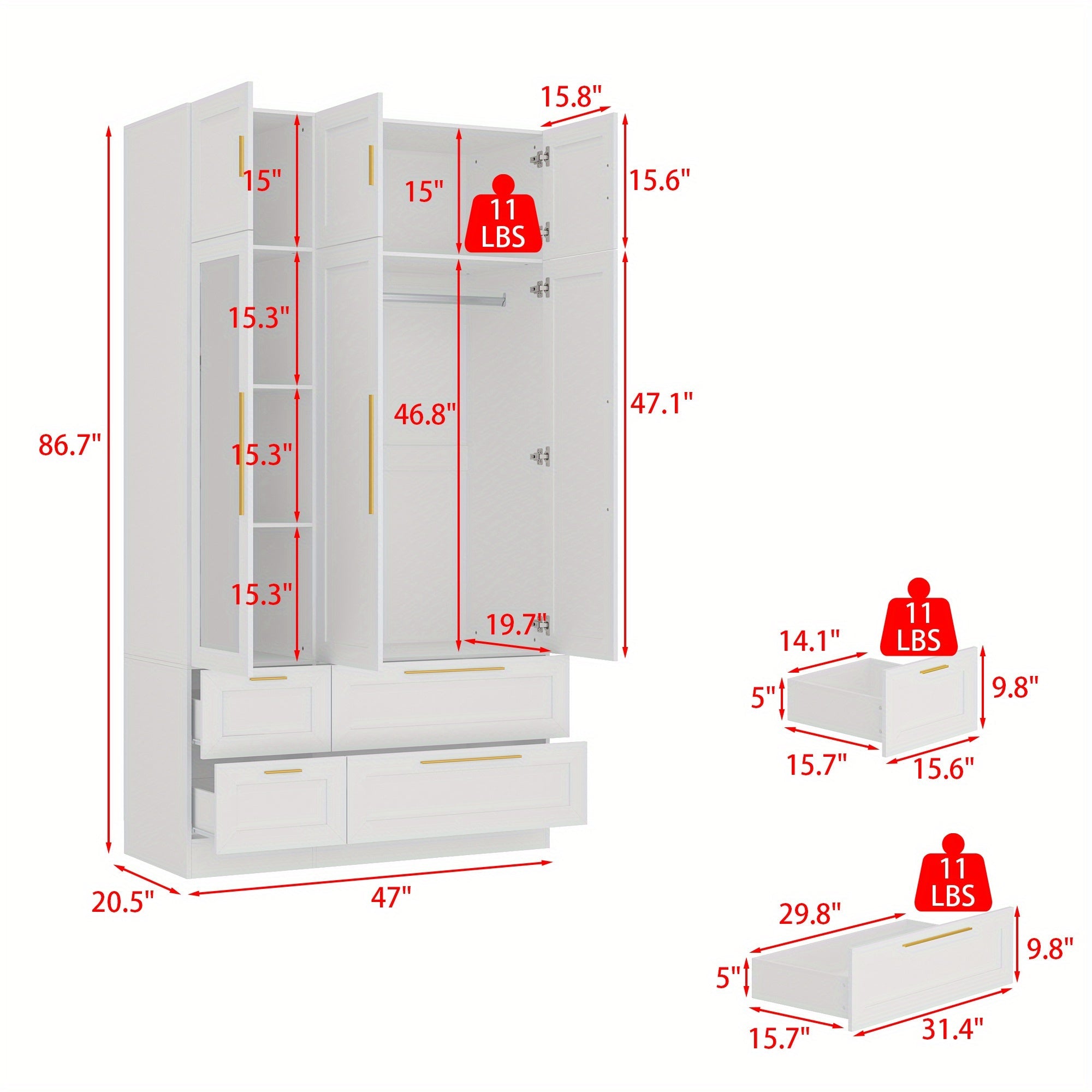 Wardrobe Armoire Wooden Closet With Mirror, 6 Doors, 4 Drawers And Hanging Rods For Bedroom, Christmas Clearance Furniture For Home, Large Storage Space, Stylish And Modern Degign, White