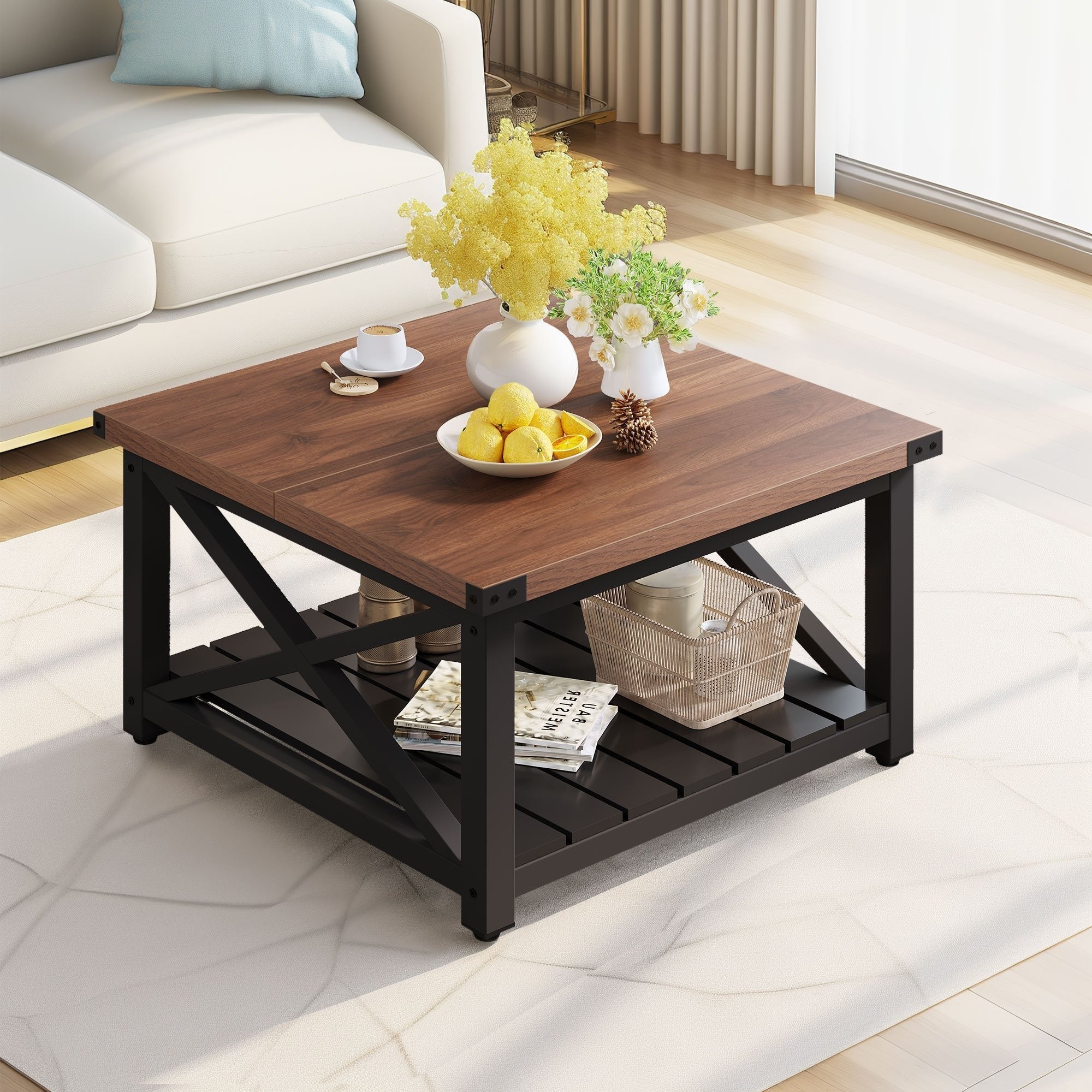 Farmhouse Living Room Center Table with Storage for Christmas Halloween Decor - Walnut - Coffee Tables Westberry