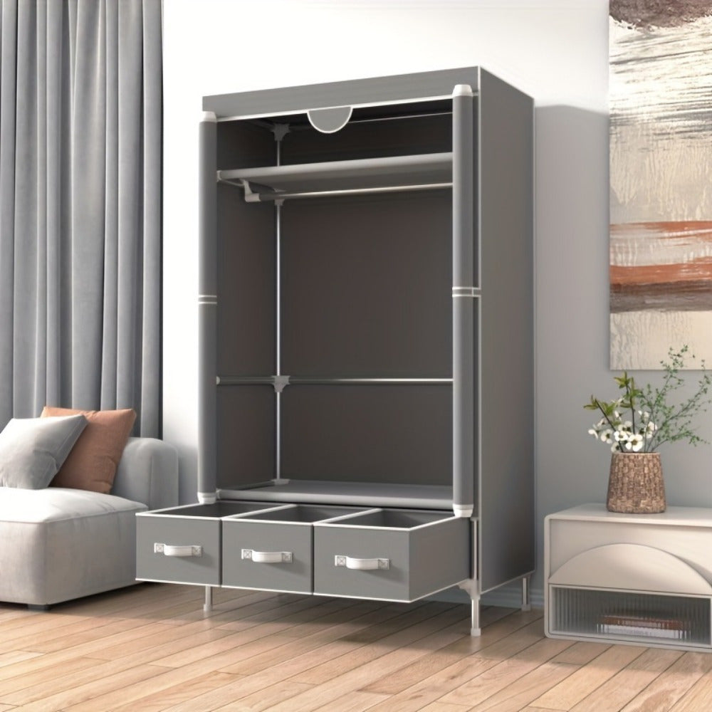 Portable Wardrobe Sliding Door Wardrobe, with Hanging Rack and Non-woven Storage Rack, with Three Drawer Boxes, No Tools Required for Assembly - 67in*35.4in*17.7in Gray, Portable Closets