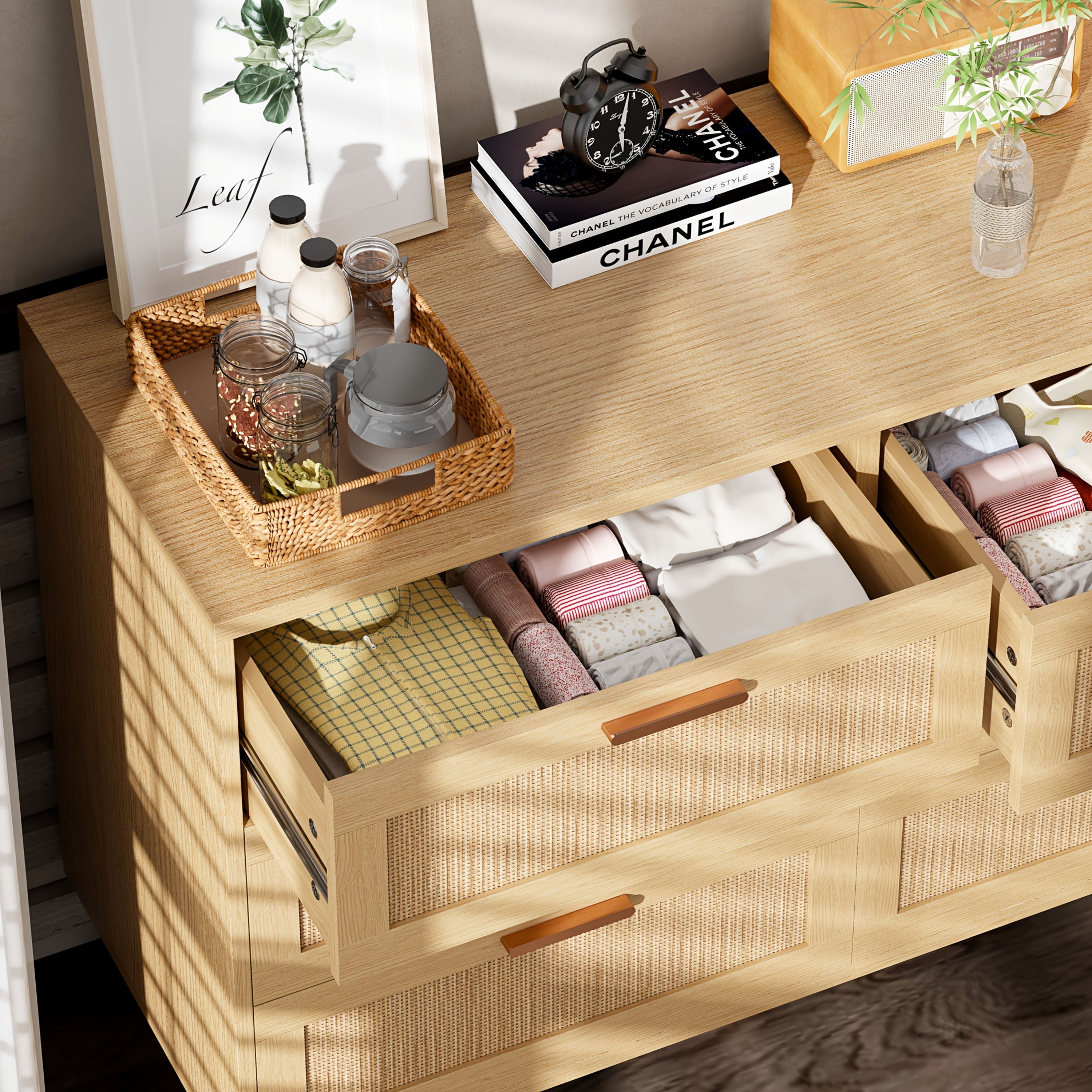 6 Drawer Dresser Modern Wooden 6 Drawer Dresser Rattan Dresser with Golden Handles for Bedroom Rattan Storage Chest