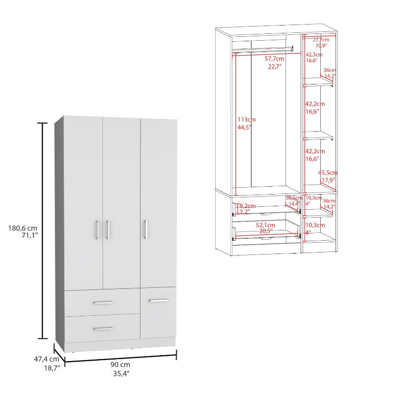 71" High Armoire Wardrove Closet with 2 Drawers, Four Doors, Three Cabinet, Six Shelves and Hanging Rod, Bedroom Clothes Storage Cabinet Organizer White