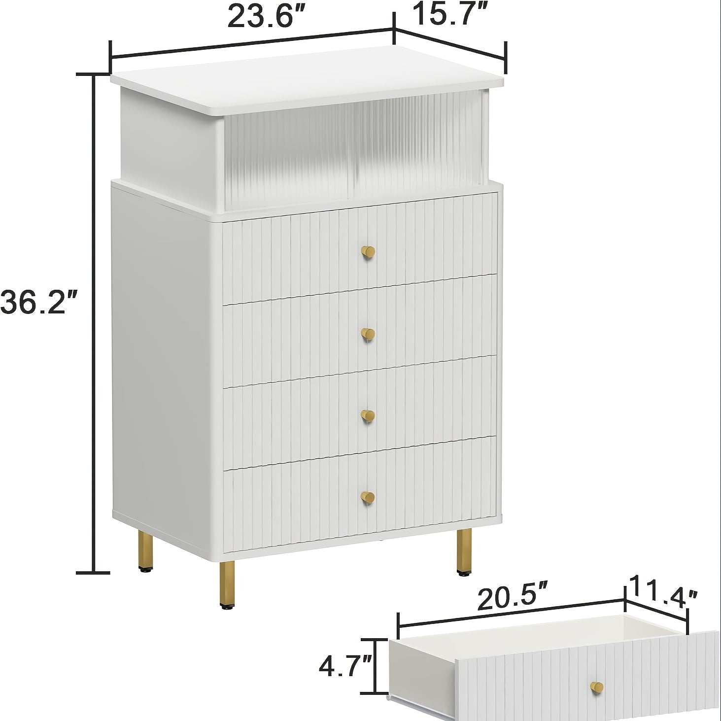 Modern White & Golden 4-Drawer Dresser with LED Lighting - Large Capacity Acrylic Accents for Bedroom Living Room