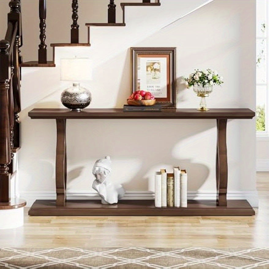 Extra Long Sofa Table Behind Couch, Wood Narrow 2-Tier Entry Console Table with Geometric Shape, Accent Entryway Table Open Storage Shelves, Hallway, Living Room