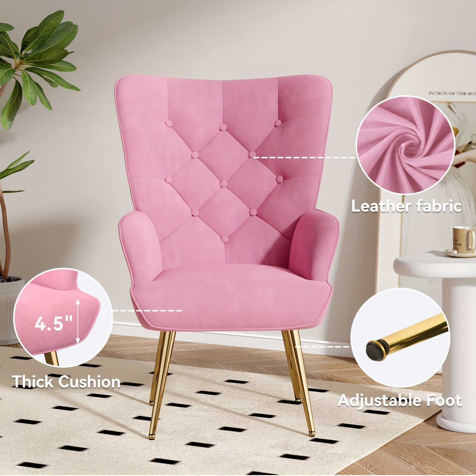 Velvet Accent Chair, Mid Century Modern Living Room Chairs, Bedroom Chair with High Backrest, Tufted Button Wingback Sofa Chairs, Upholstered Comfy Side Armchair with Metal Legs for Office, Lab, Pink