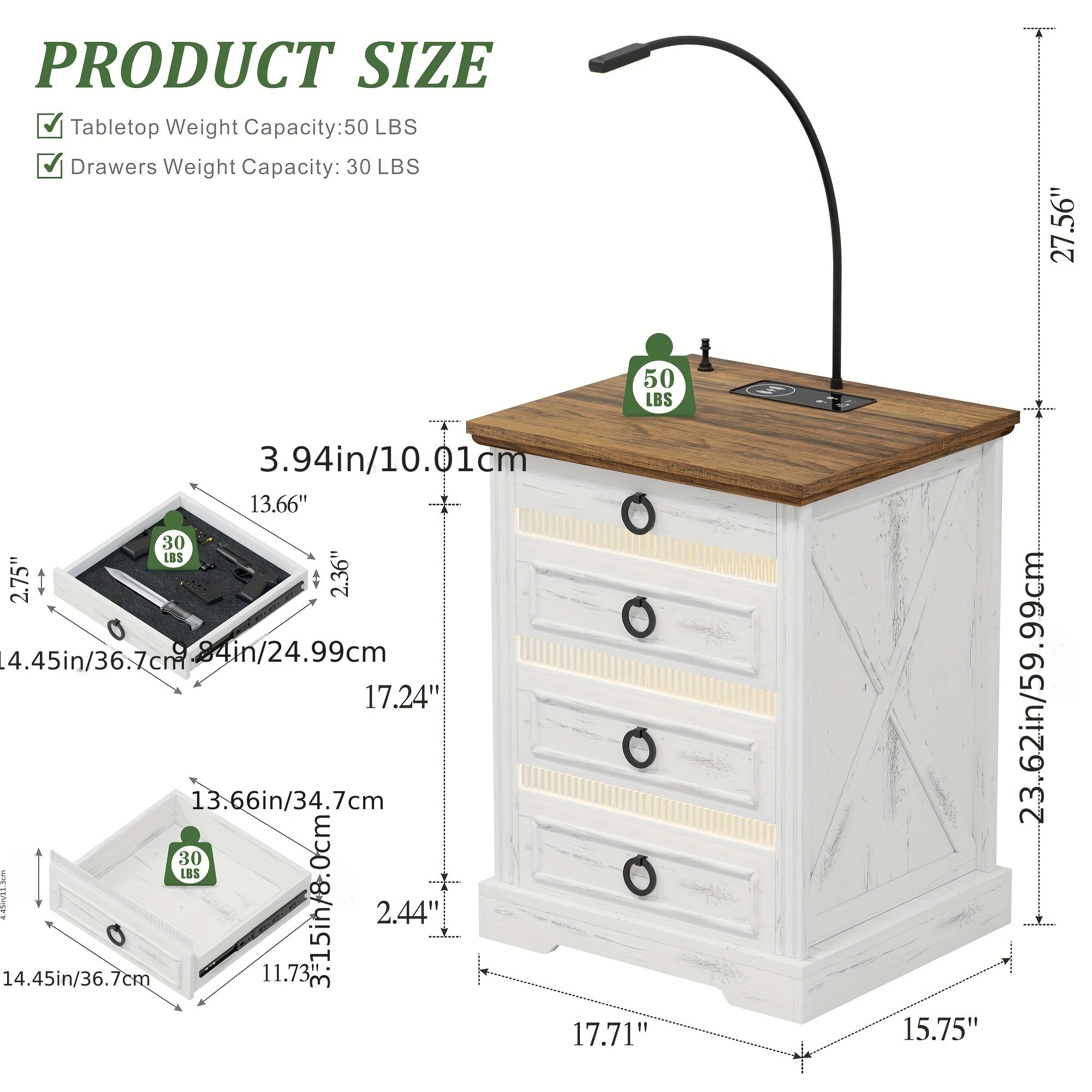 Gun Night Stand With Charging Station & Reading Light, Farmhouse Bedside Table With Human Sensor LED Lights, Brightness Adjustable End Side Table For Bedroom/Living Room/Office, White/Brown