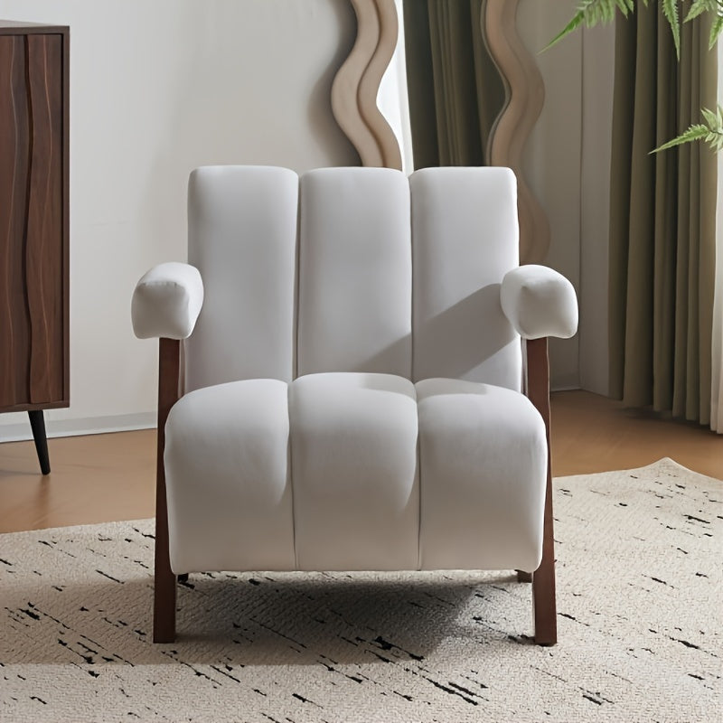 Mid Century Modern Accent Chair With Solid Wood Frame, Upholstered Living Room Chairs With Thick Cushion, Comfy Tufted Arm Chair For Bedroom, Living Room, Velvet, Ivory