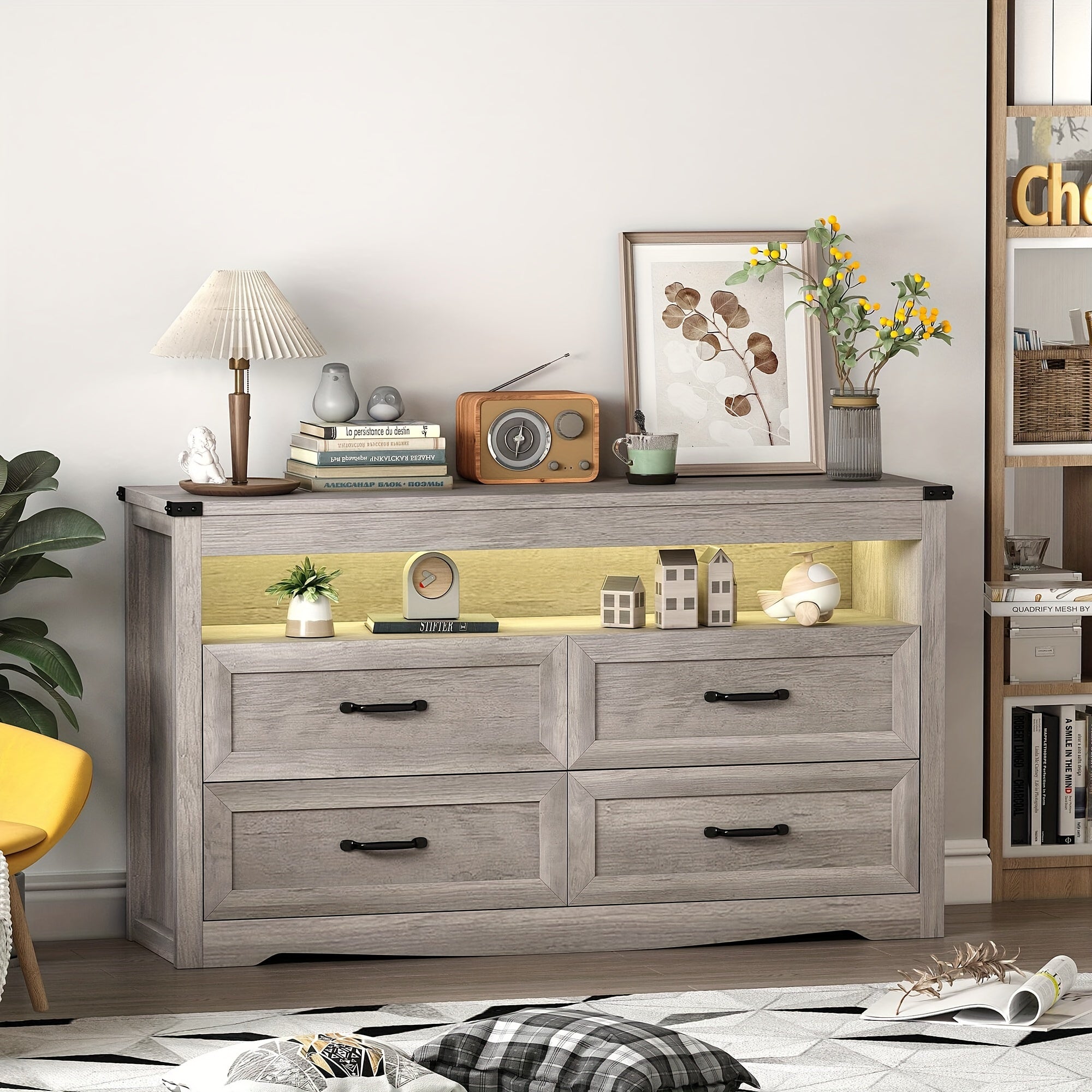 Dresser for Bedroom with LED Lights, Modern Dressers Chest of Drawers Bedroom Wood Dresser Rustic Wide Storage Drawers Dressers Organizer for Closet, Living Room, Hallway