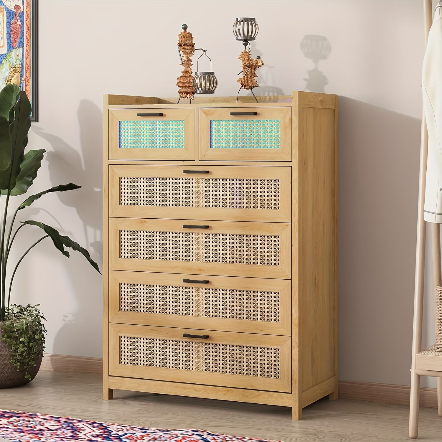 6 Drawer Dresser Natural Rattan Chests Of Drawers With LED Light Tall Dressers For Bedroom Entryway - Natural - Dresser