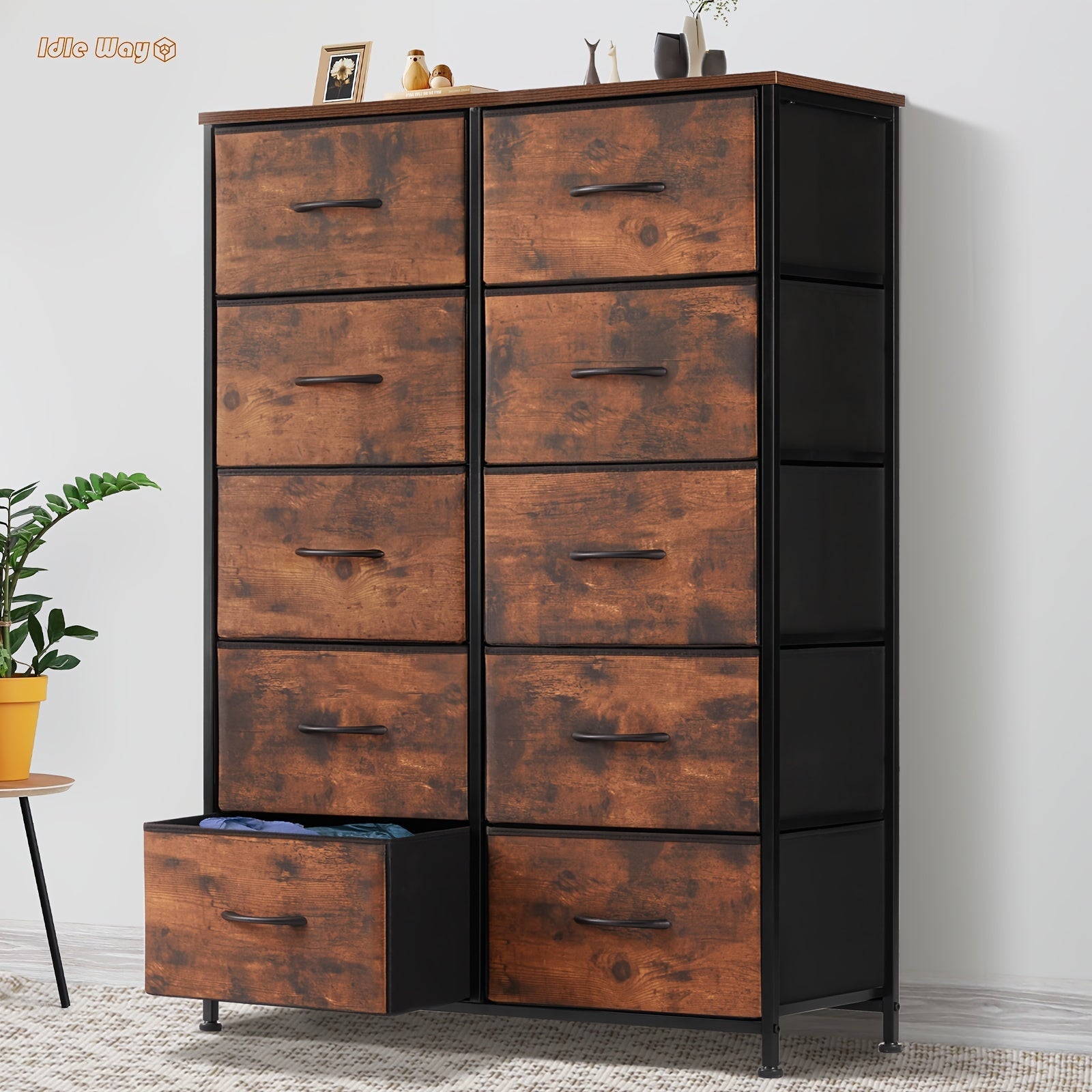 Idle Way Dresser For Bedroom With 10 Drawers, Dresser With Metal Frame And Wood Tabletop, Clothes Drawer Fabric Closet Organizer, Chest Storage Tower For Living Room, Entryway