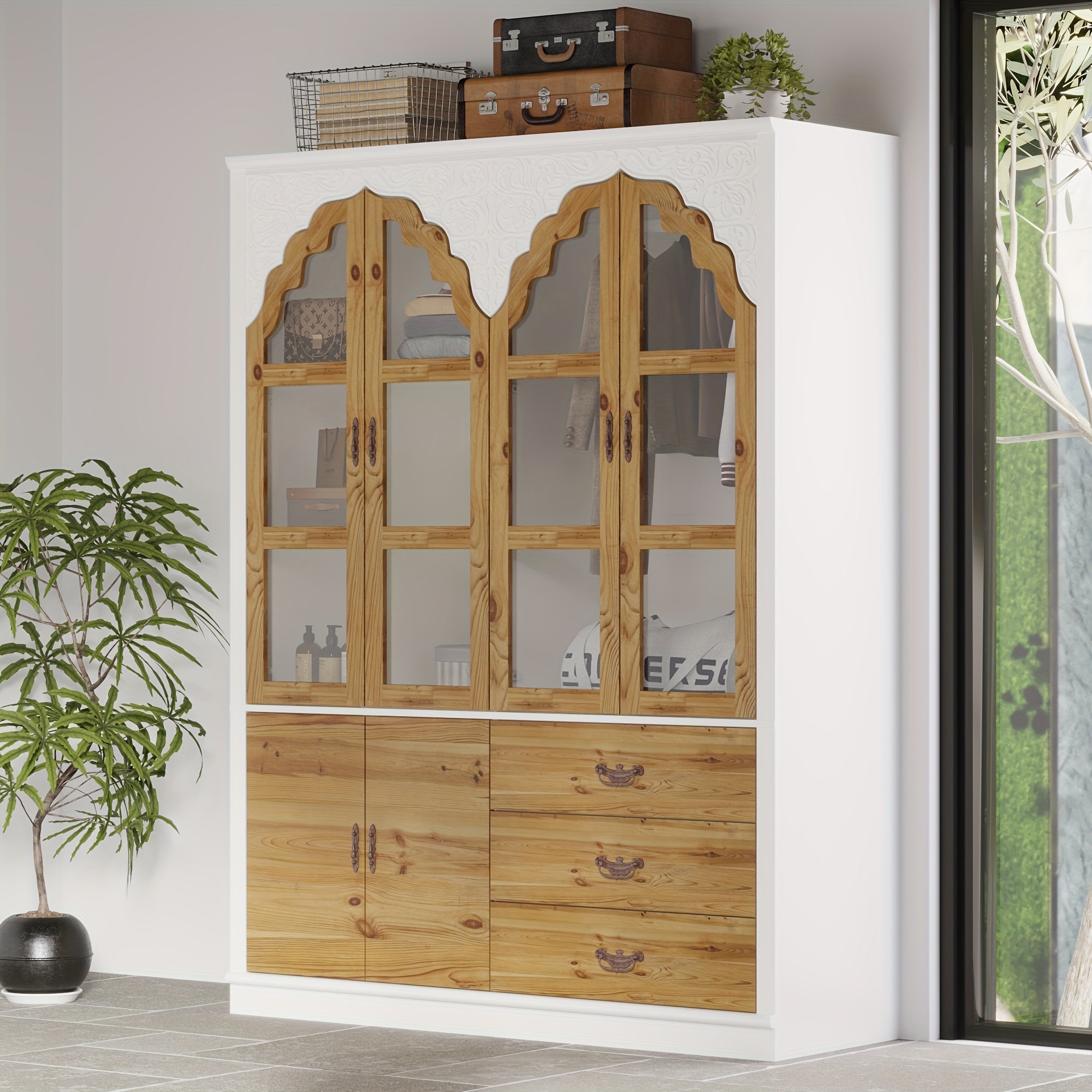 Rustic Expandable Wardrobe With Glass Door, Embodying Classic Armoire Style