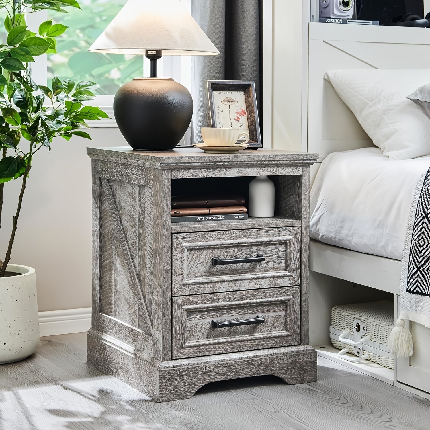 18" Farmhouse Nightstand With Charging Station, End Table With 2 Drawers Storage, Side Table, Bedside Cabinet For Bedroom, Living Room