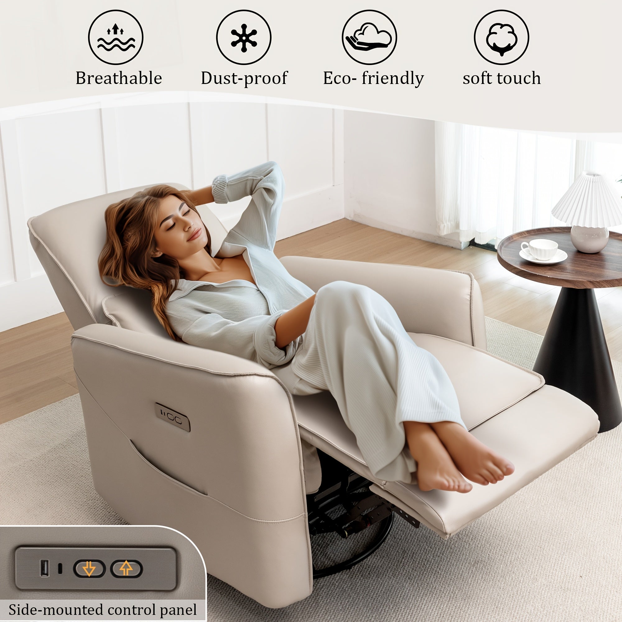 Recliners, Lazy Sofas, Power Rocking Chairs, Swivel Recliners With Low Backrest Support, Electric Faux Leather Recliners With Streamlined Side Pockets, And USB Ports For Bedrooms, Living Rooms, Light Grey