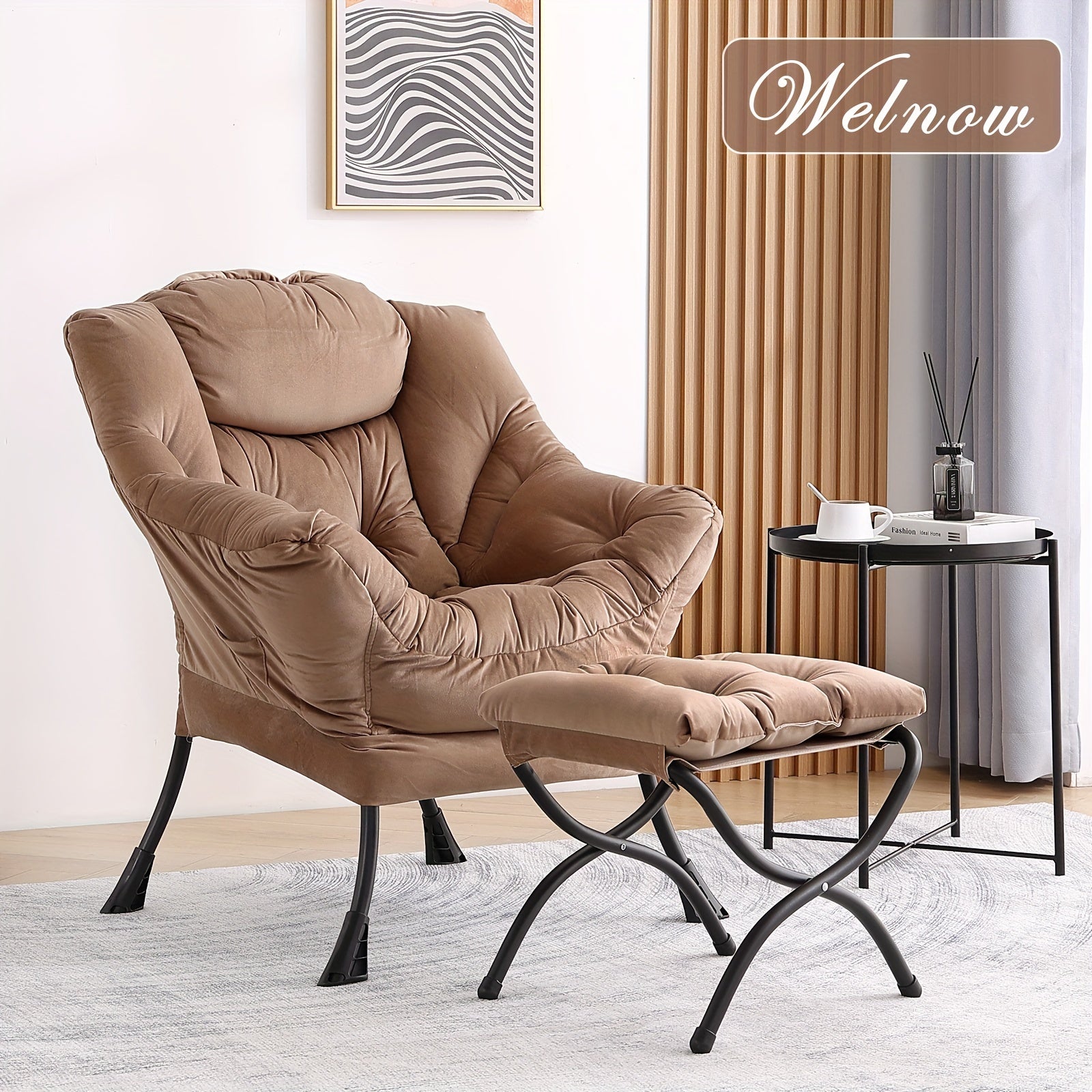 Lazy Chair with Ottoman, Modern Lounge Accent Chair with Armrests and a Side Pocket, Leisure Sofa Chair Set, Reading Chair with Footrest for Small Space, Corner Chair, Dark Brown