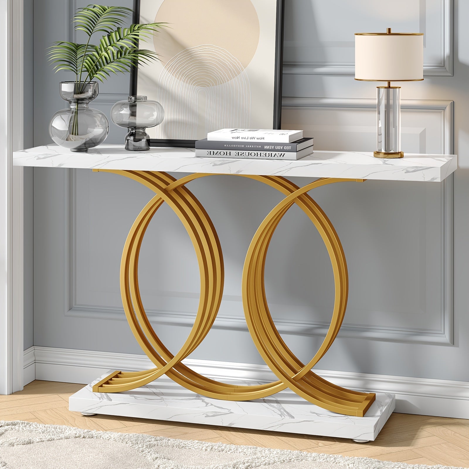 55 Inch Console Table For Hallway, Faux Marble Golden Entryway Table With Geometric Metal Base, Modern Narrow Sofa Accent Table For Entrance, Living Room, Foyer (White & Golden)