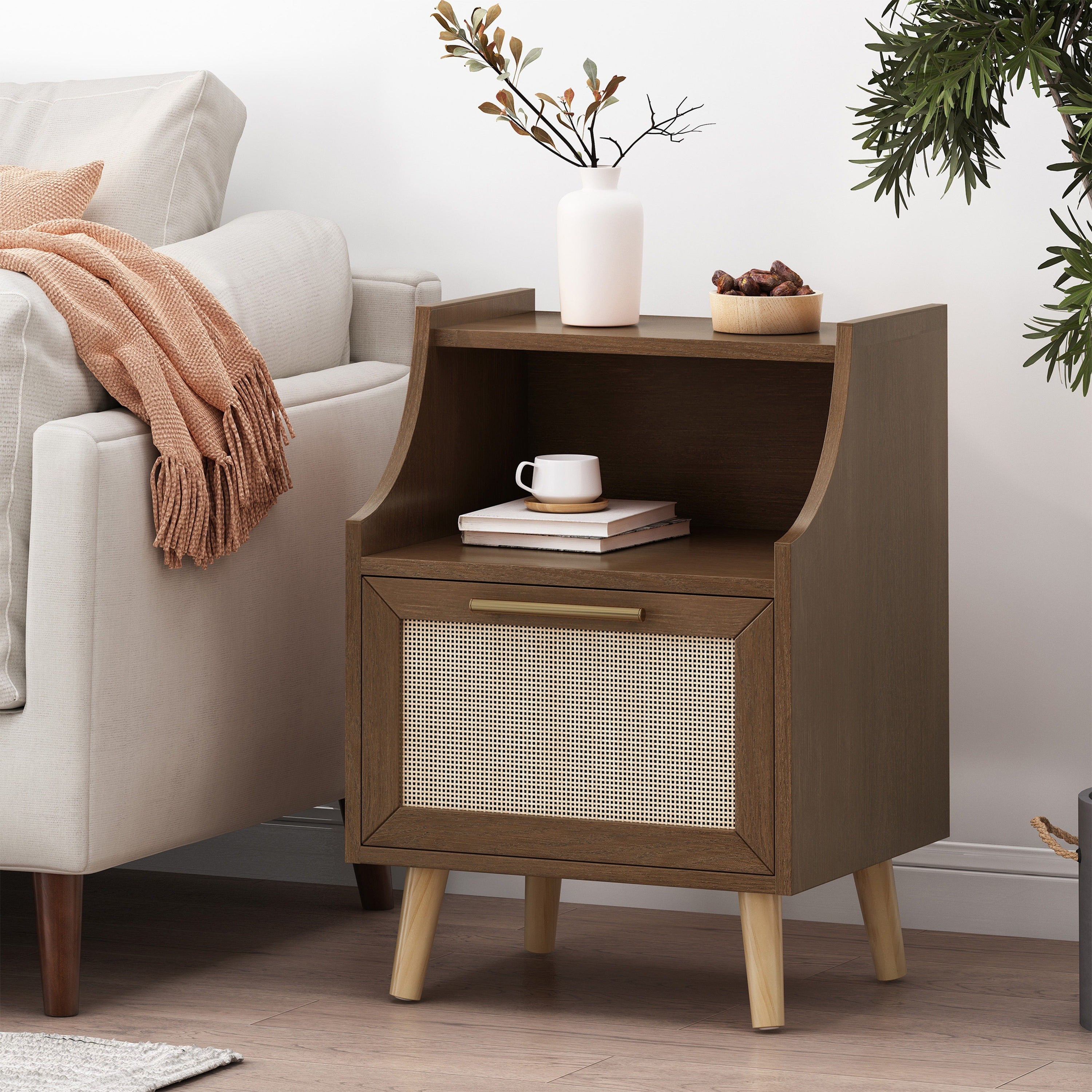 Merax Contemporary End Table With Rattan Accents And Tempered Glass - Walnut Finish Built-in Hutch And Antique Gold