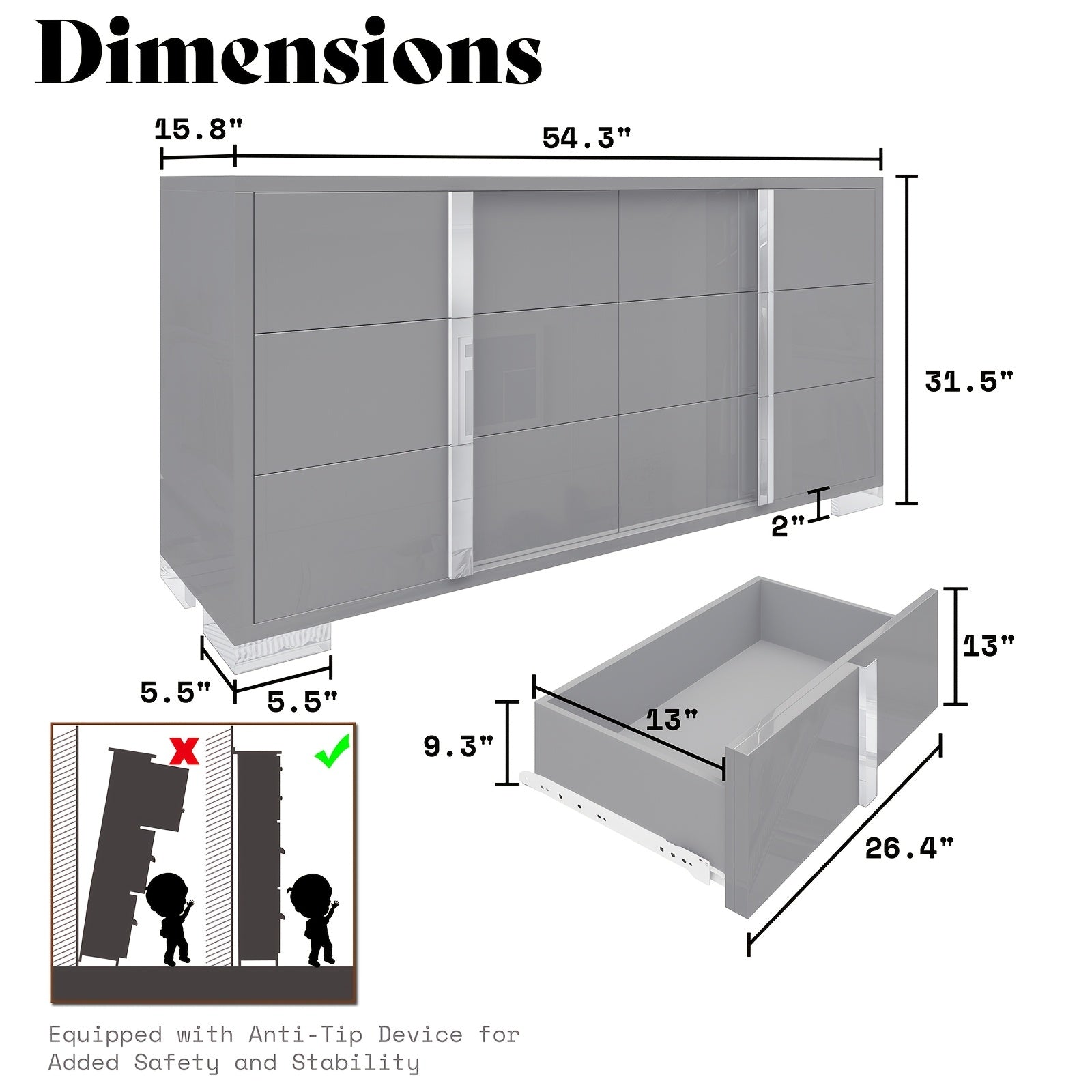 1pc Modern 54" W Dresser, 6-Drawer Glossy Hardwood & MDF Sideboard with Silver Accents, Freestanding Storage Organizer for Bedroom, Living Room