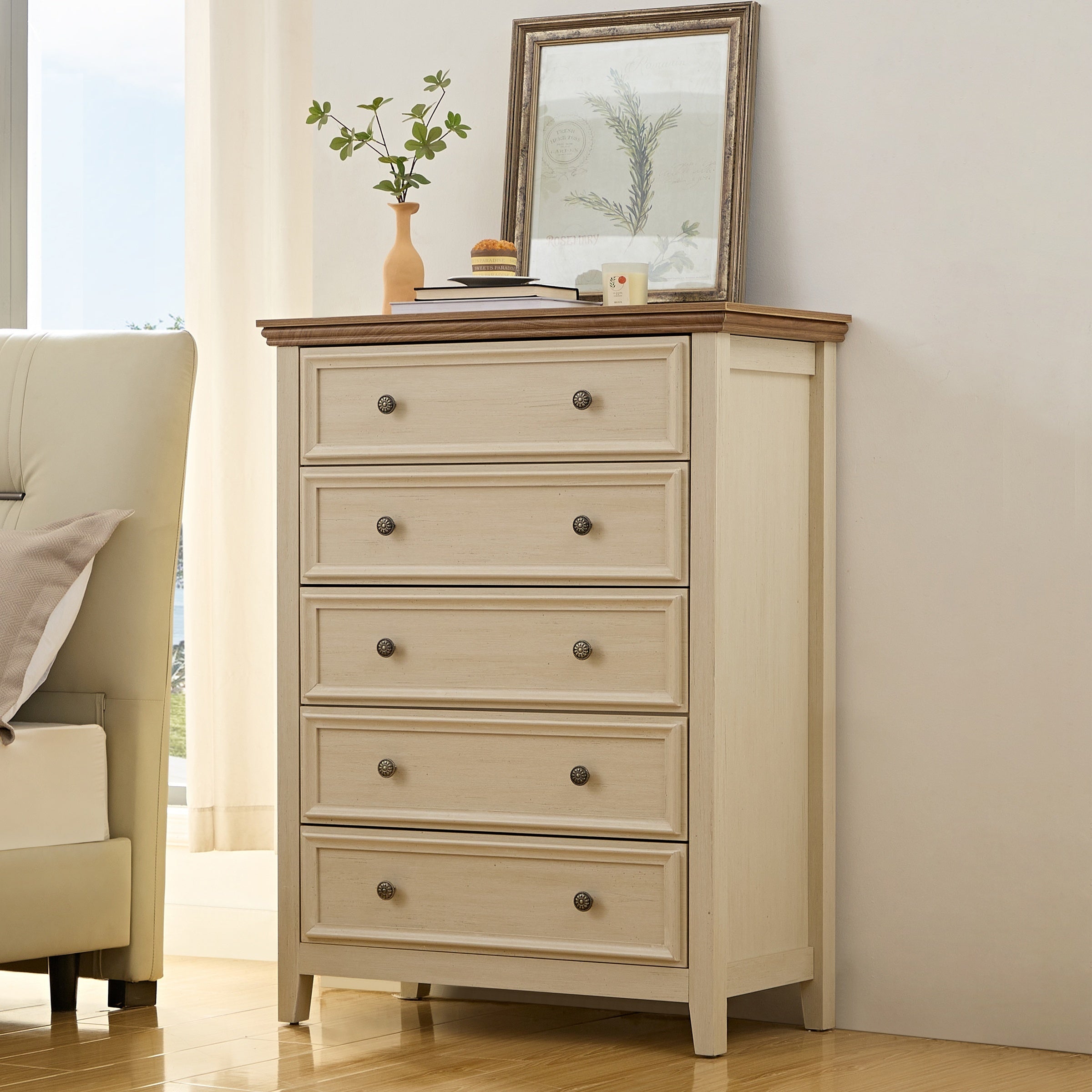 Dresser For Bedroom With 6 Drawers 5 Drawer Tall Chest Of Drawers For Bedroom Beige Wood Modern Storage Cabinet With 7