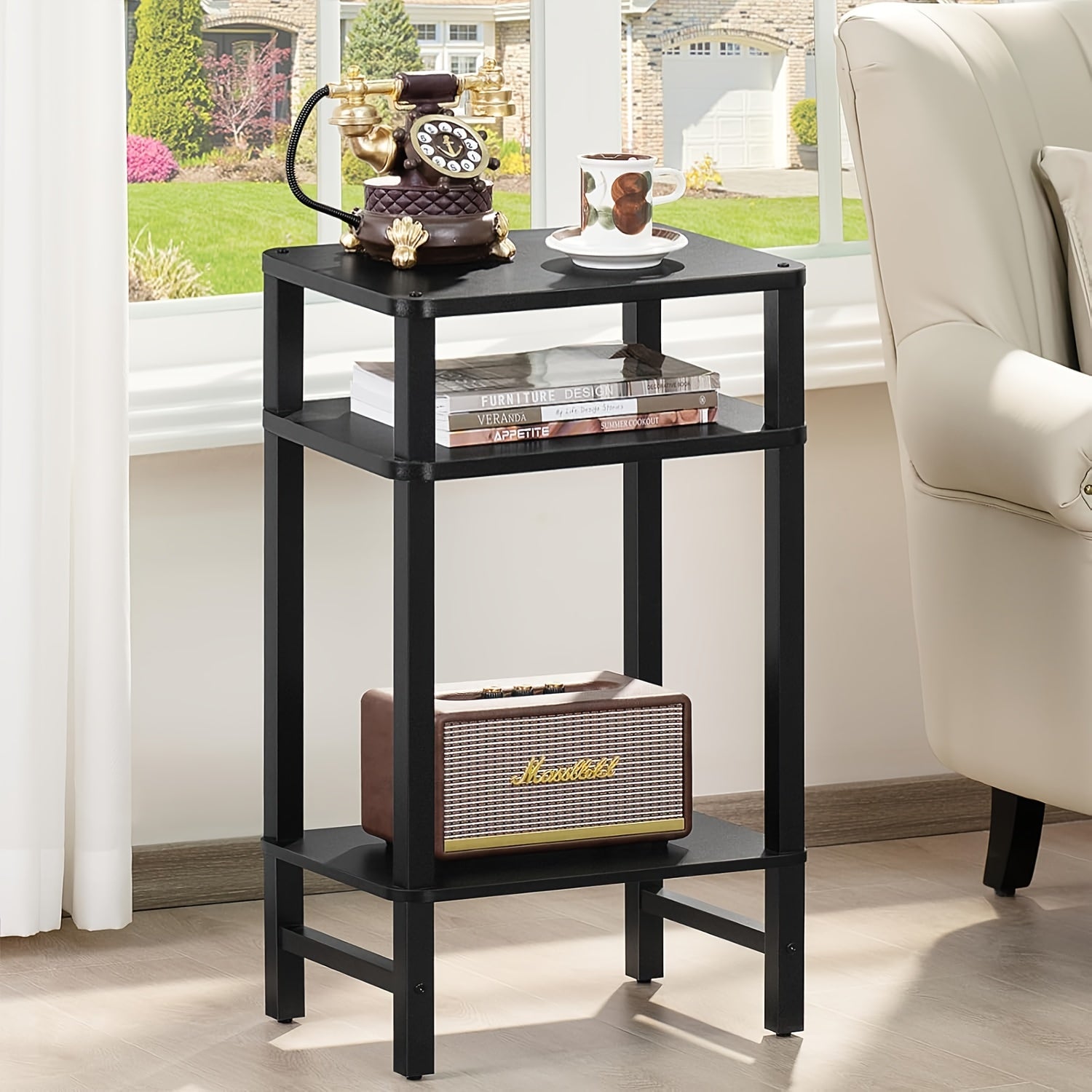 3 Tier Tall Wooden End Table With Storage, Telephone Table, Small Side Table For Small Spaces, Narrow Nightstand For Living Room, Bedroom, Office, Black