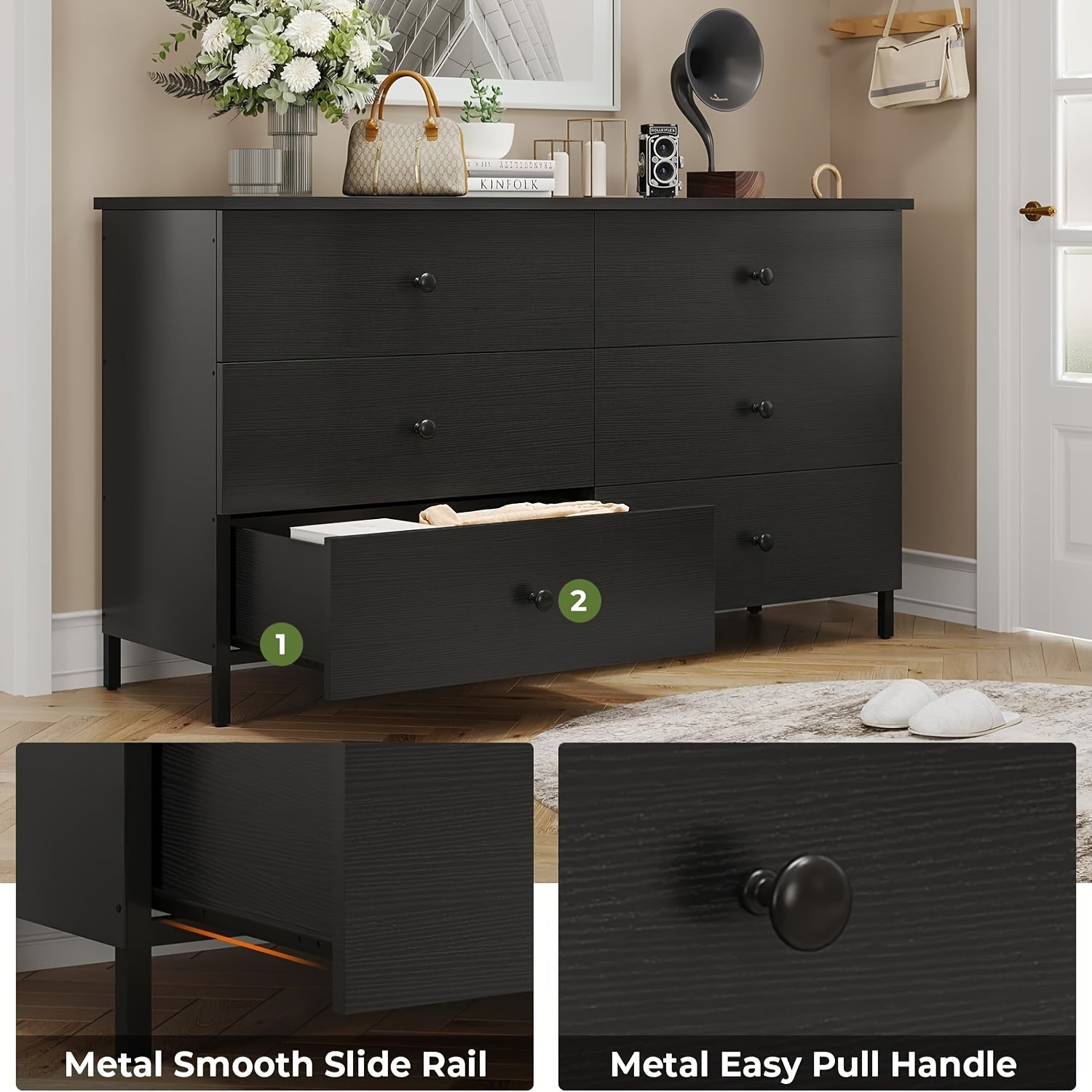 6 Drawers Dresser With Steel Frame Modern Chest Of Drawers For Bedroom Living Room Black - 15.8’’D x 47.3’’W x 31.3’’H