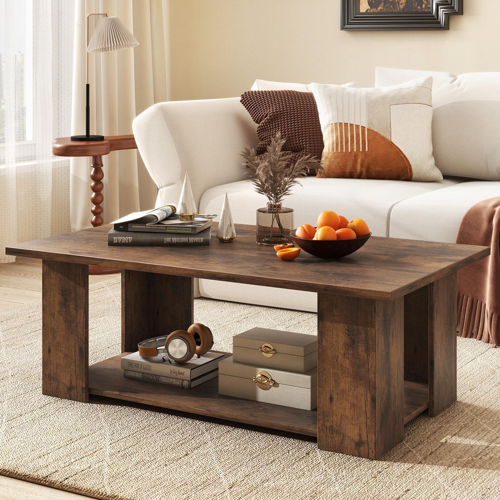 2-Tier Coffee Table with Storage Shelf - Contemporary Style Center Table for Living Room, Portable, No Assembly Required, Use Without Electricity, Made of Non-Wood Materials