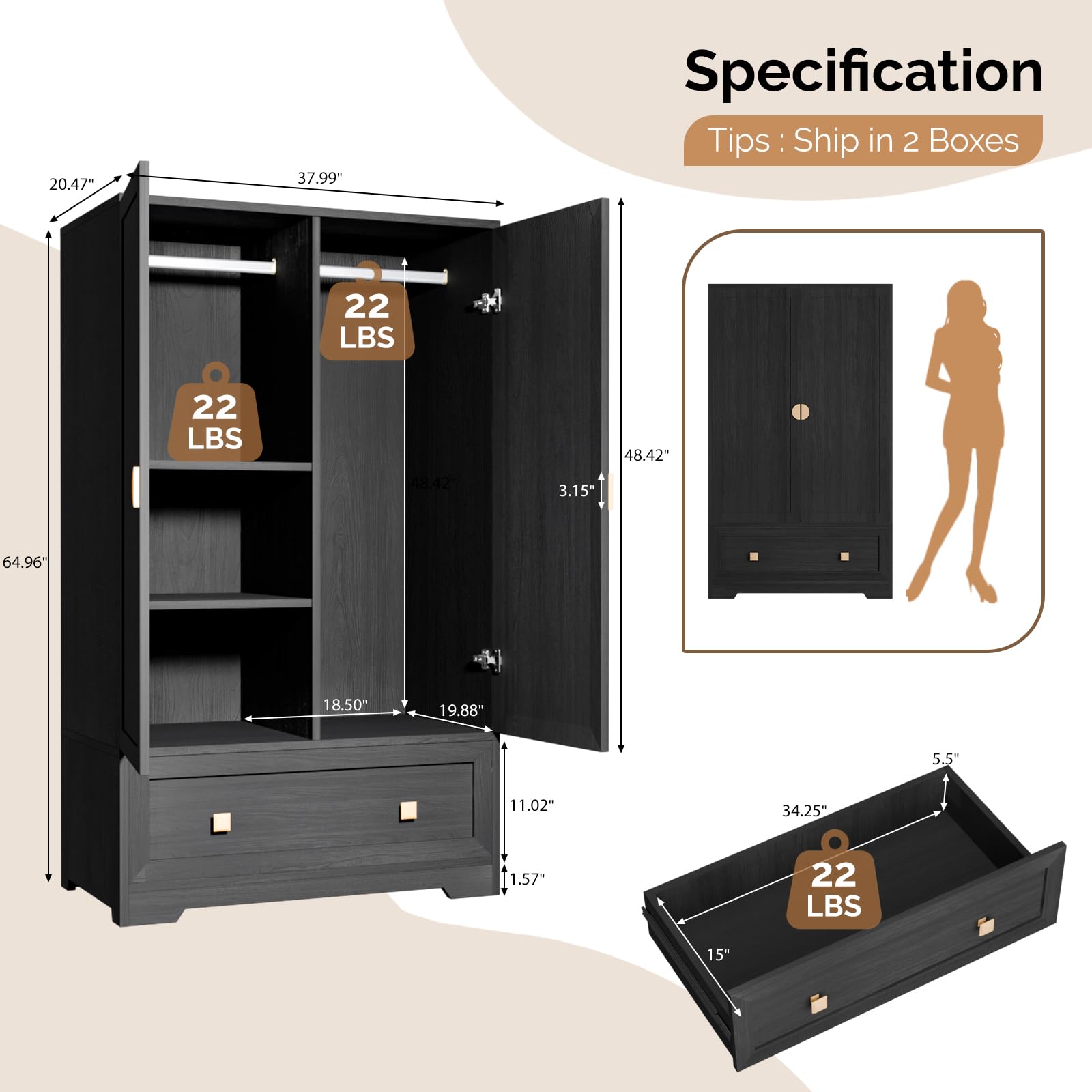 Wide Armoire Wardrobe Closet with Shelves, Hanging Rod and Drawers, Freestanding Closet Wardrobe Cabinet, Armoires and Wardrobes with Doors for Bedroom, Dorm