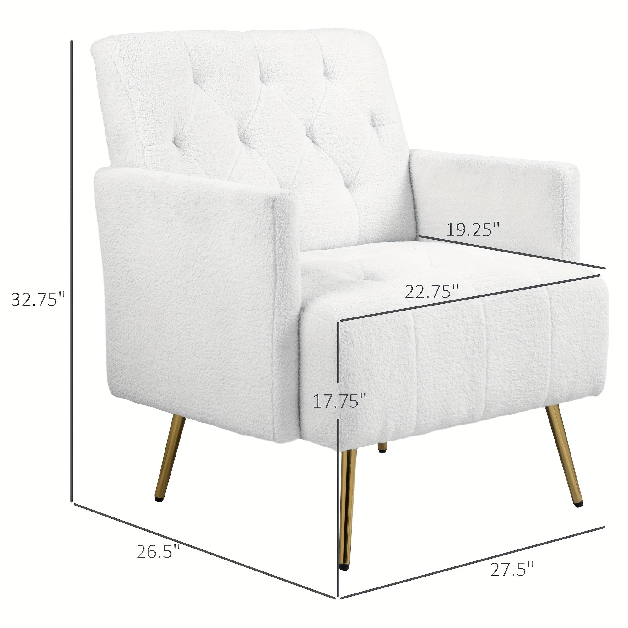 Modern Sherpa Accent Chair, Upholstered Tufted Armchair with Golden Steel Legs, Fabric Reading Chair, Comfy Living Room Chairs, White