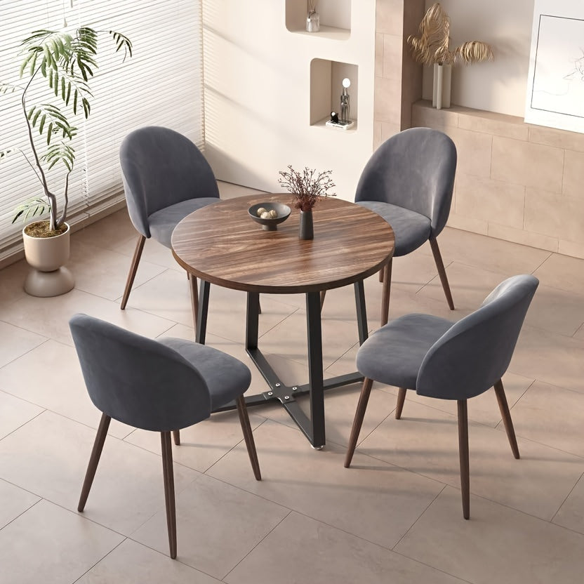 5-Pieces Modern 35'' Inch Brown Round Wooden Dining Table Set For 4 Comfortable Velvet Chairs, Space Saving Kitchen Furniture, Small Apartment Coffee Table Set