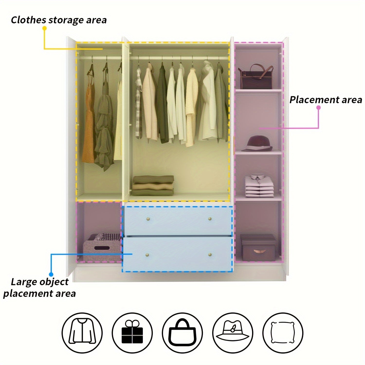 Large Wardrobe with Mirrors, 4-Layer Shelves, 2 Drawers, 2 Hangers and 4 Cabinet Doors, Modern Bedroom Storage Cabinet, A Stylish Practical Solution for Your Bedroom, White