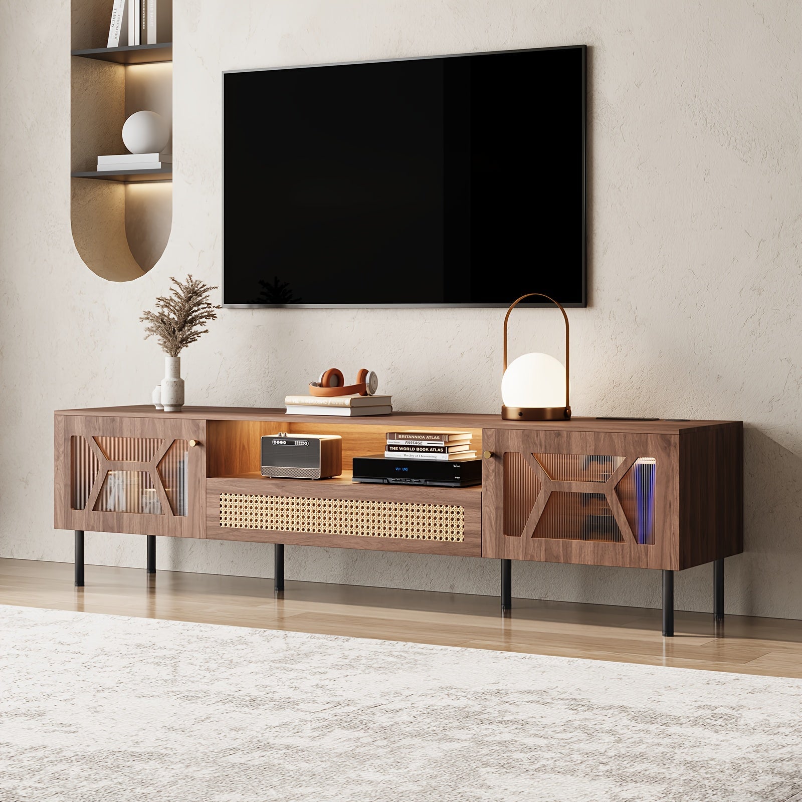 75inch TV Stand, Entertainment Center TV Stand, Acrylic Hollow Doors TV Stand For Living Room Bedroom, Walnut/Oak Color