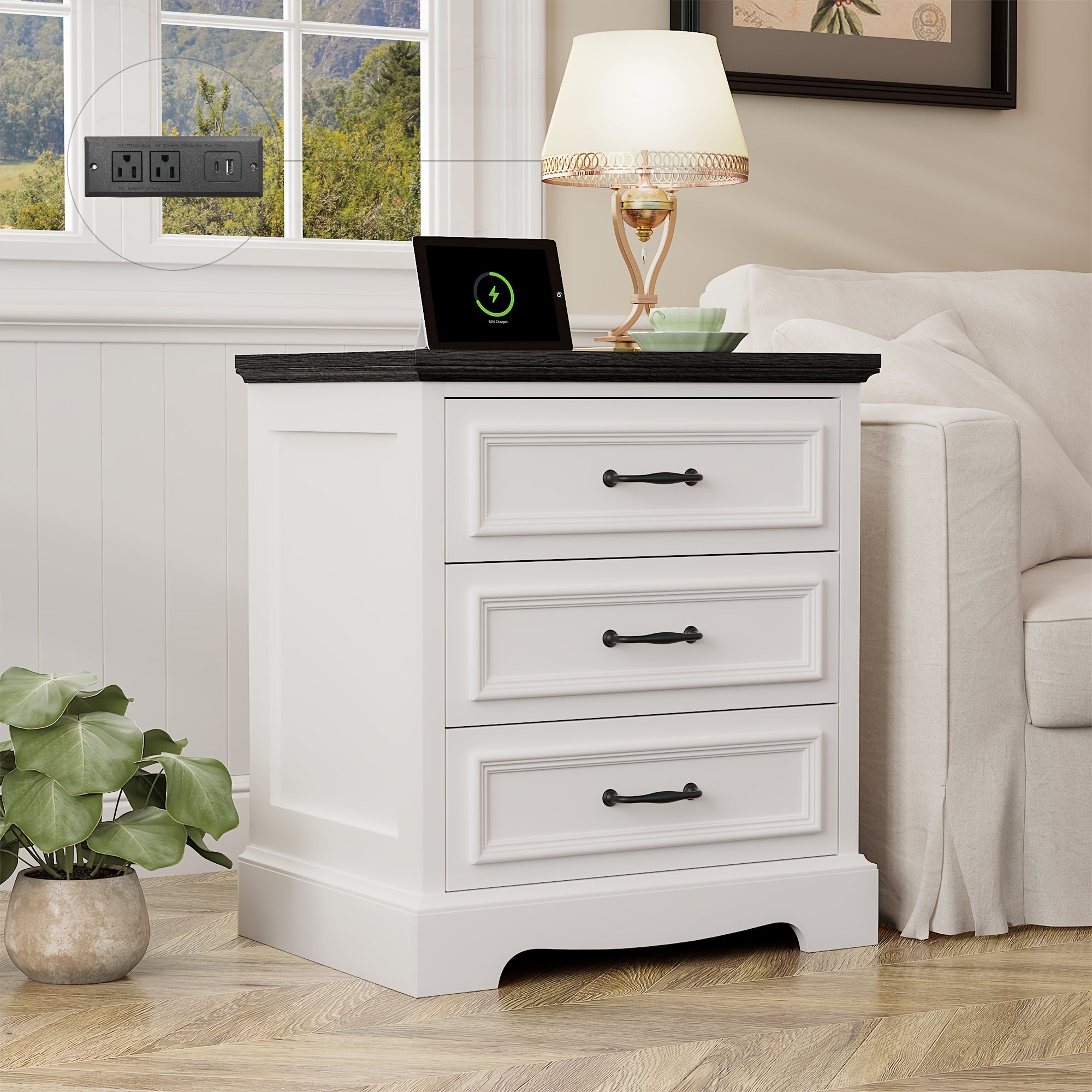 Farmhouse Nightstand With Charging Station, White Bedside Table With 3 Drawers, Modern Side End Table For Bedroom, Living Room