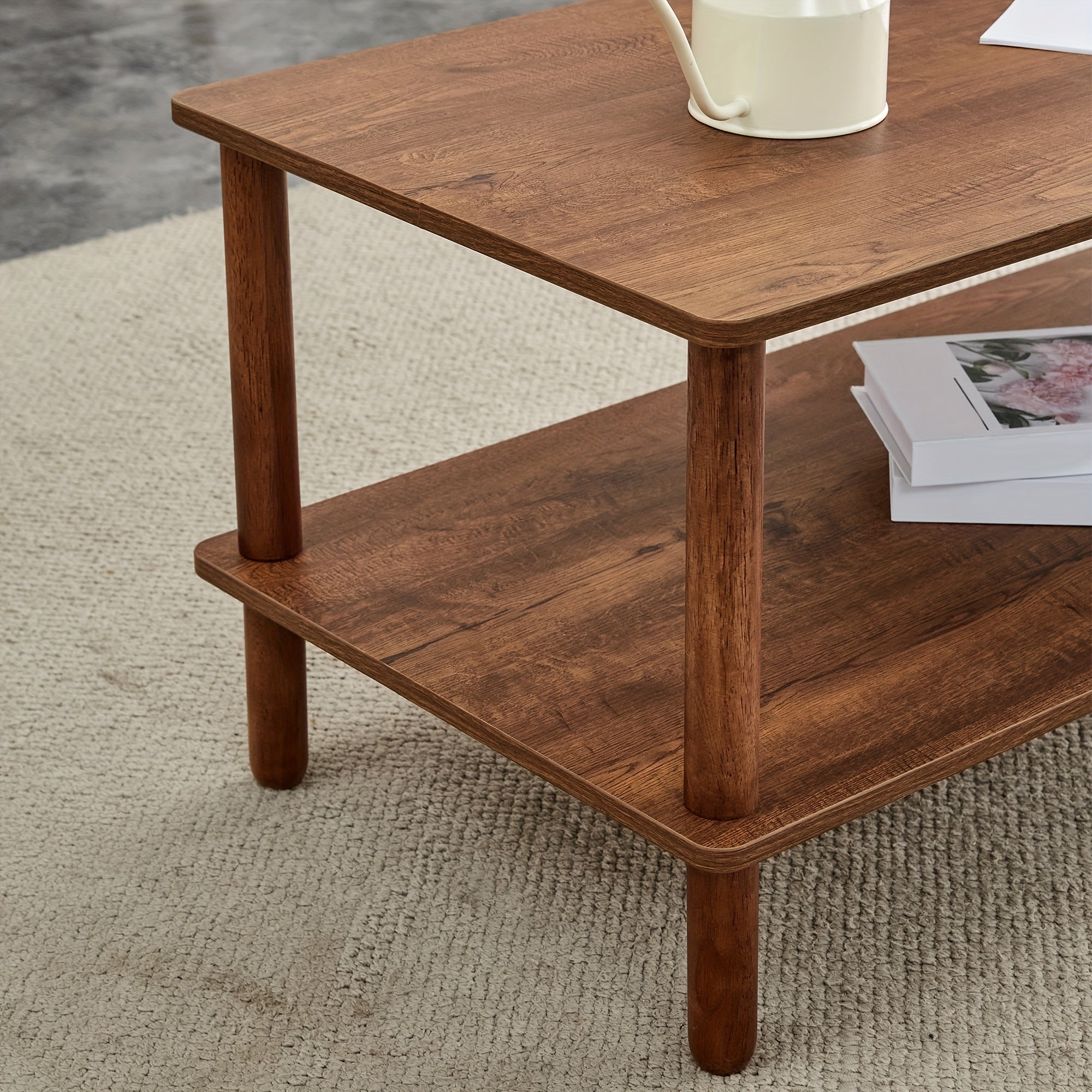 2-Tier Coffee Table For Living Room Walnut Wood Coffe Table With Open Storage Shelf Living Room Table Rectangular