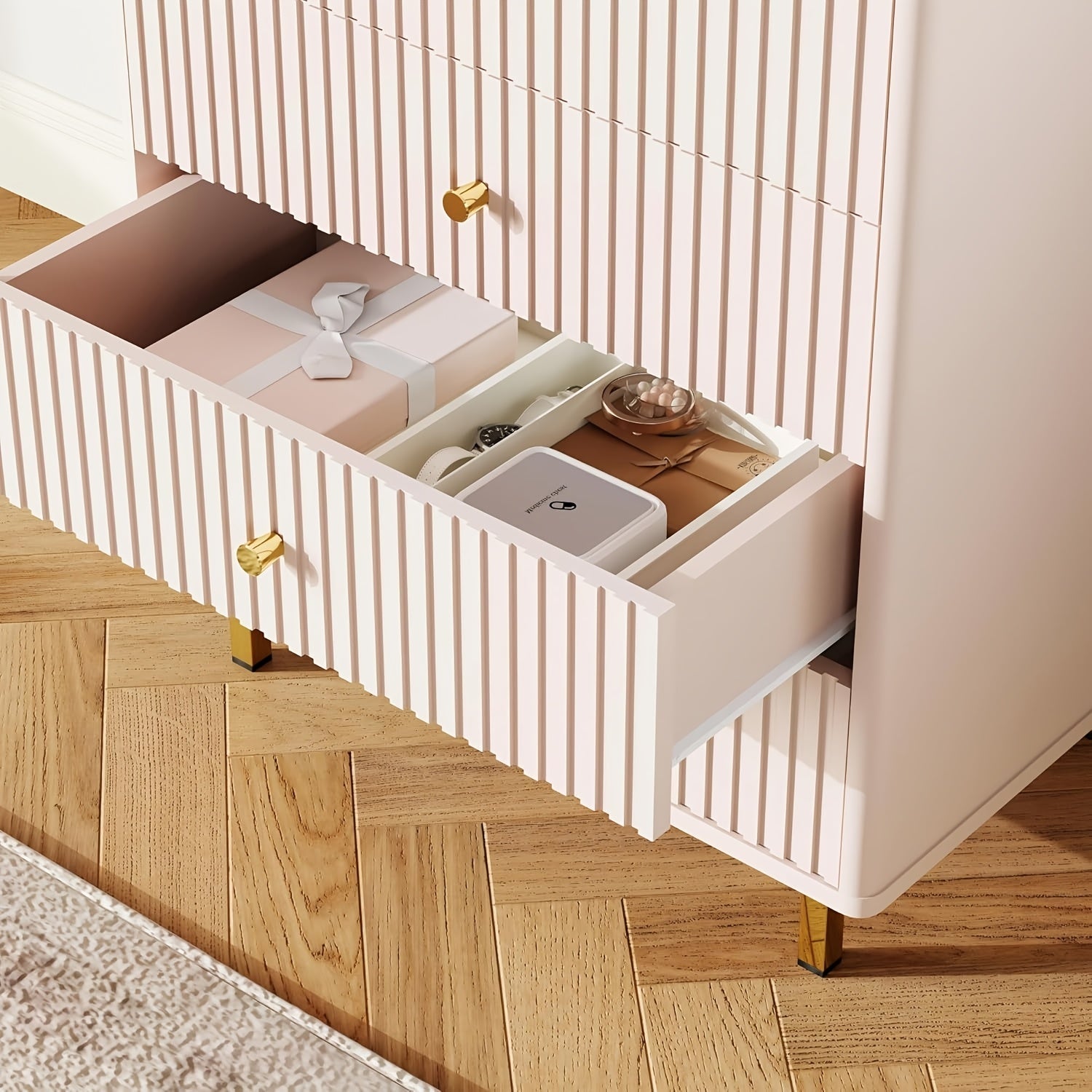 Modern White & Golden 4-Drawer Dresser with LED Lighting - Large Capacity Acrylic Accents for Bedroom Living Room