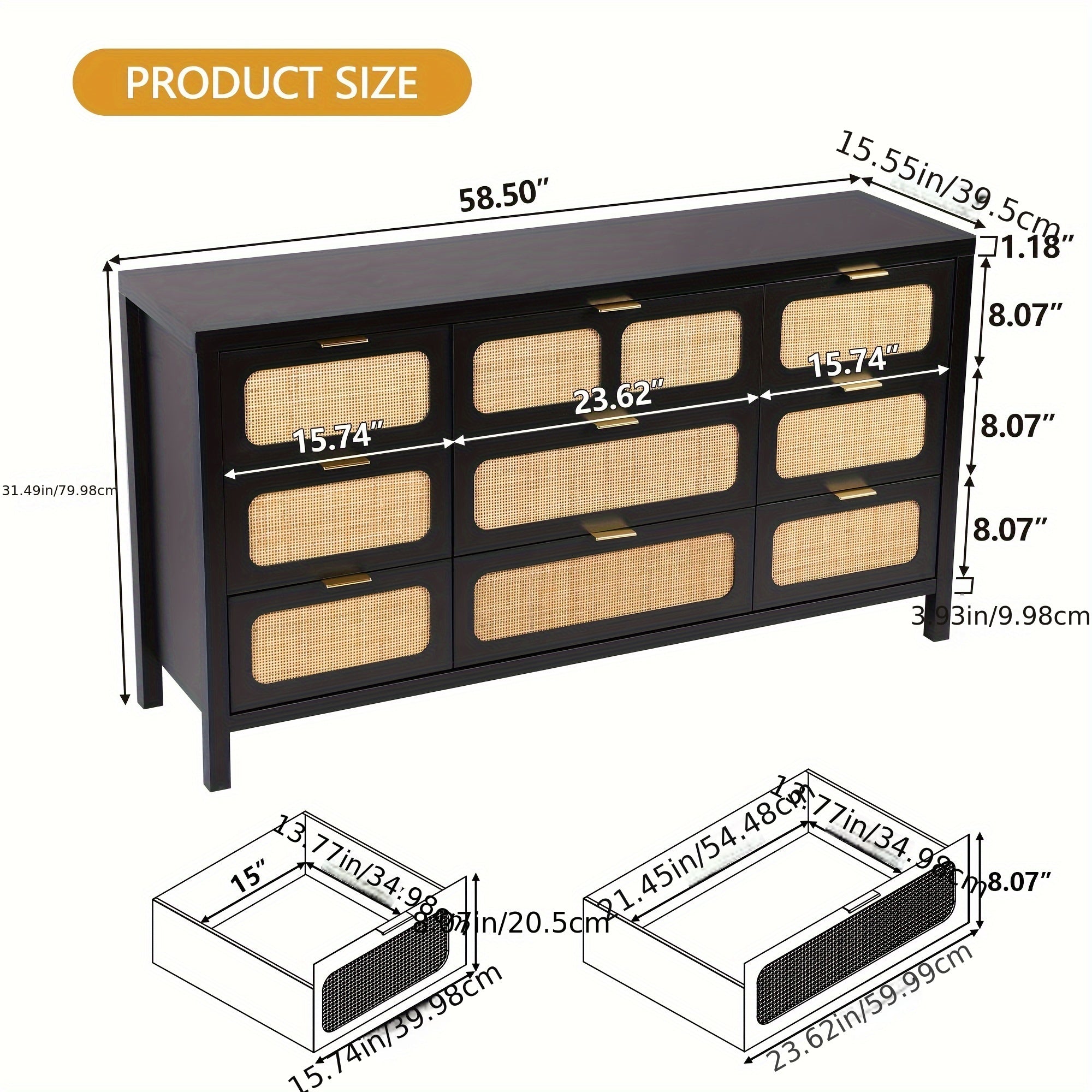 ORRD 9 Drawer Dresser, Modern Rattan Dresser Chest With Large Storage And Metal Handles, Rustic Wood Storage Chest Of Drawers For Bedroom, Living Room, Entryway