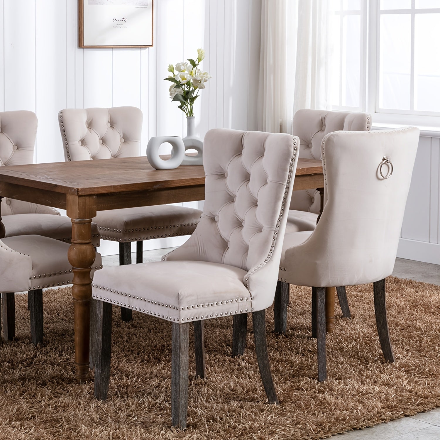 2pcs Dining Chair Set, Upholstered Dining Room Chairs with Nailhead Back Ring Pull Trim and Solid Wood Legs, Luxury Tufted Diner Chairs for Kitchen, Bedroom, Dining Room