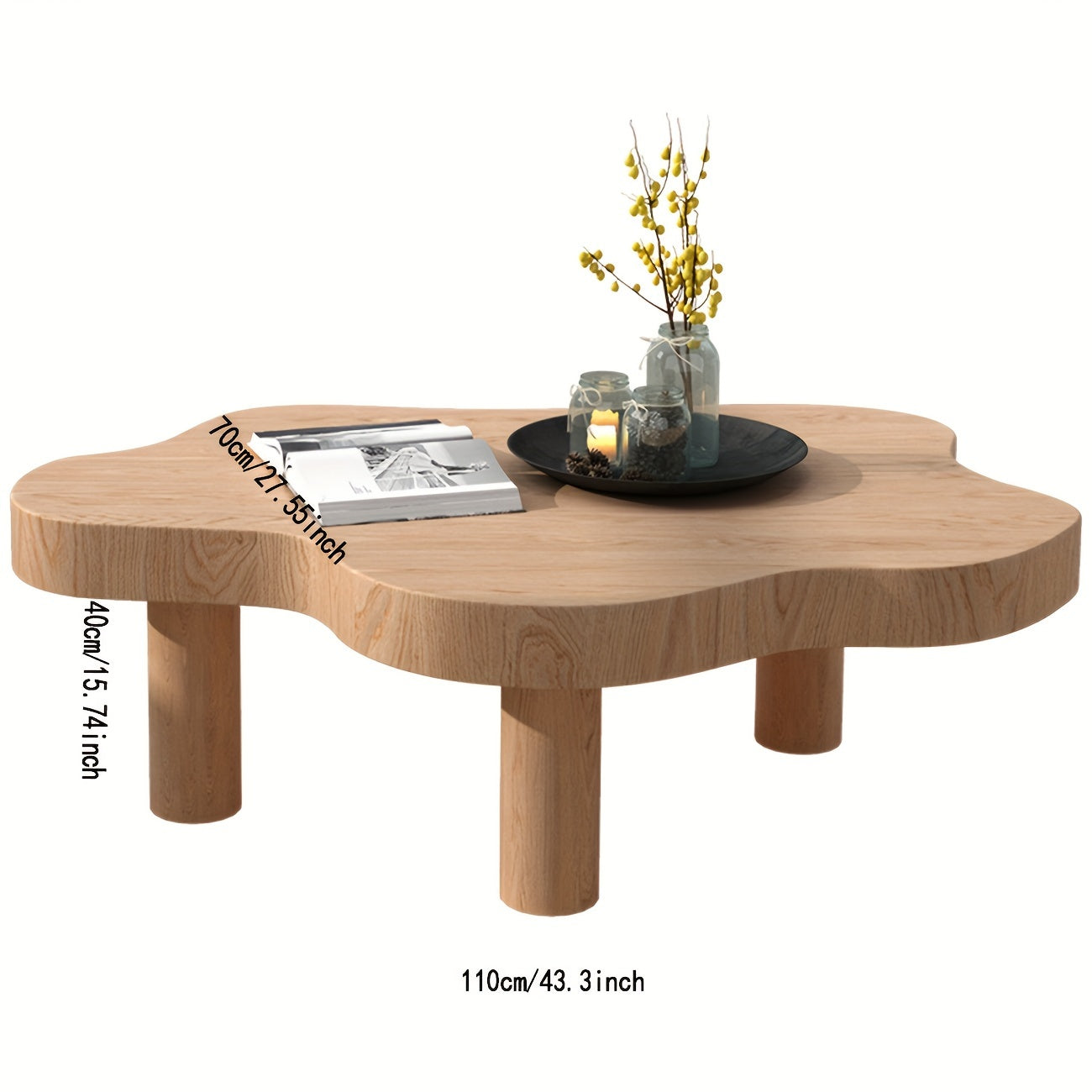 Cloud Shape Irregular Wood Coffee Table, Round Corner Thicken End Table, Cute Accent Modern Coffee Cocktail Table with 3 Legs for Living Room Furniture