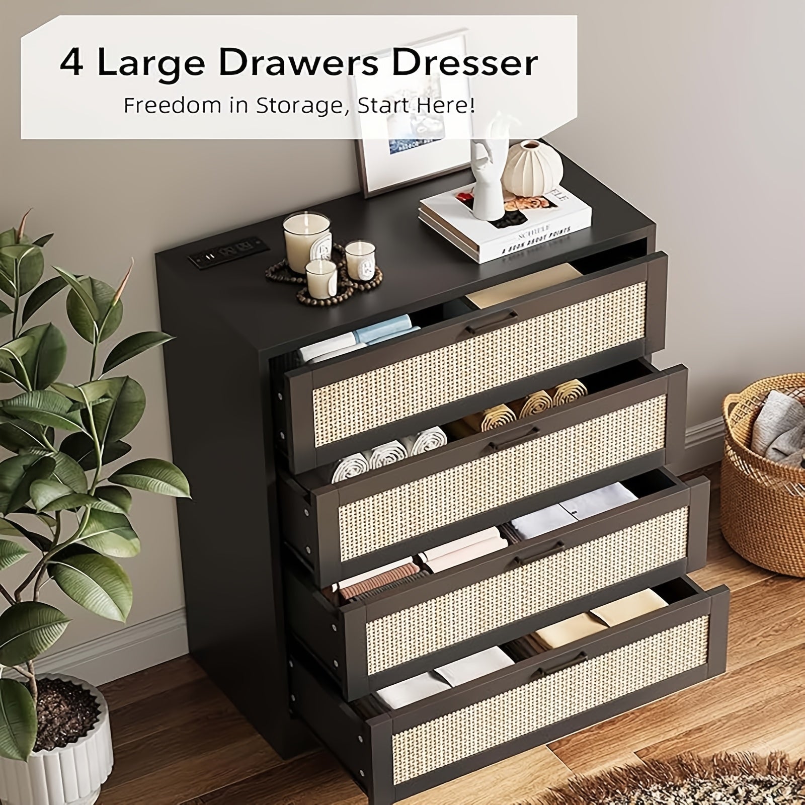 1pc Classic White Wooden 4-Drawer Dresser with Rattan Detail, Floor Mounted Tall Chest with Power Outlets, Metal Handle Organizer for Bedroom, Living Room, Closet, Hallway - Independent, No Electricity Needed, Under 3.2 Cubic