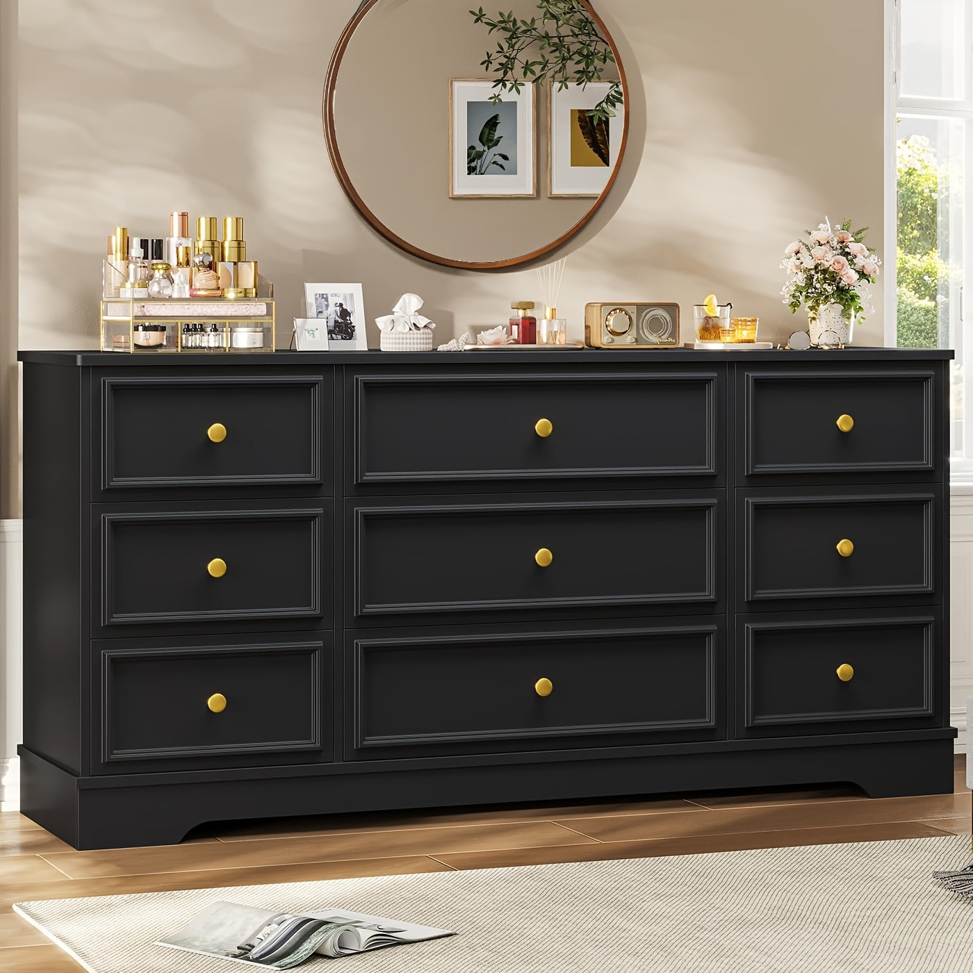 Large 9 Drawer Dresser for Bedroom, 61.4 Inch Long Modern Chest Of Drawers, Wide Dressing Wardrobe, Bedroom Furniture Organizer