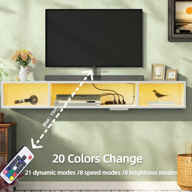 Television Stands, Floating TV Stand, TV Stand with Power Outlet, Floating TV Stand with RGB Lights,Wall Mounted TV Shelf, White Media Console with Storage Shelf, Entertainment Shelf Under TV for Entertainment Center, Living