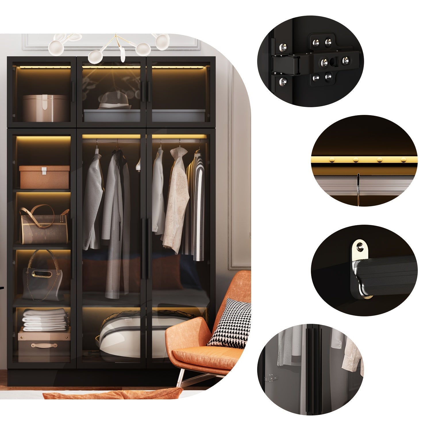 Three Door Armoire LED Light All Glass Door Closet Cabinet Wardrobe - Black - Wardrobe & Armoire’s Westberry Furniture