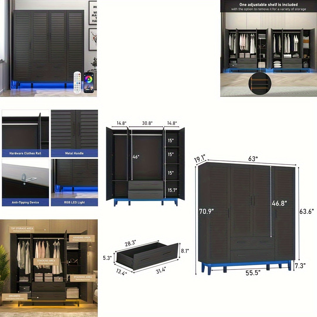 4-Door Armoire Wardrobe Closet Cabinet With Drawers And LED Lights, Multi-Tier Shelves, Hanging Rod & 4 Louver Doors, Large Capacity Storage Wardrobe Armoire For Bedroom