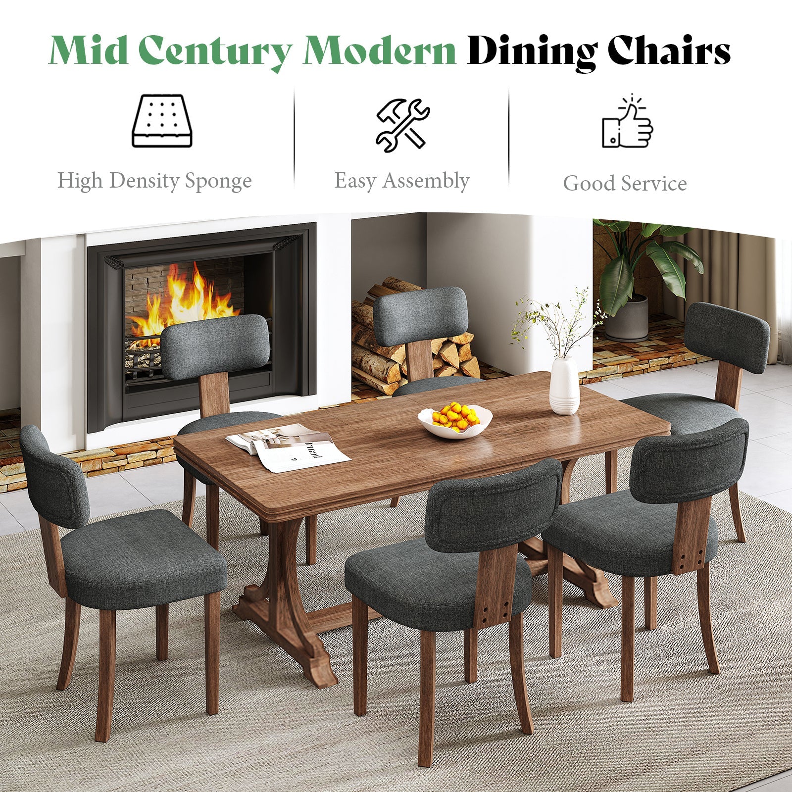 Modern Linen Dining Kitchen Chairs with Upholstered Curved Backrest & Seat, Chairs for Dining Table, Hardwood Frame