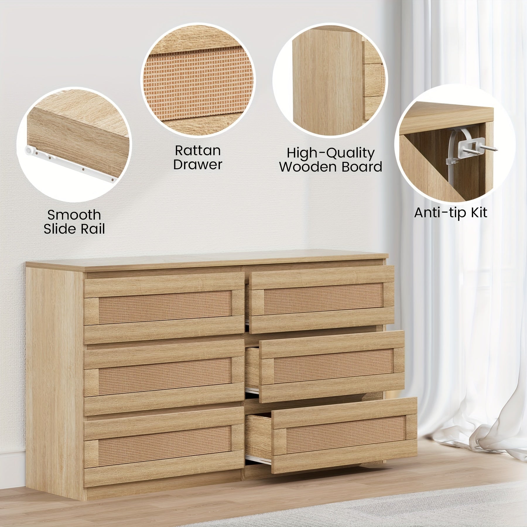 Rattan Dresser For Bedroom 6 Drawer Dresser For Bedroom Modern Wide Chest Of Drawers With Anti-Tip Kit & Smooth Slide