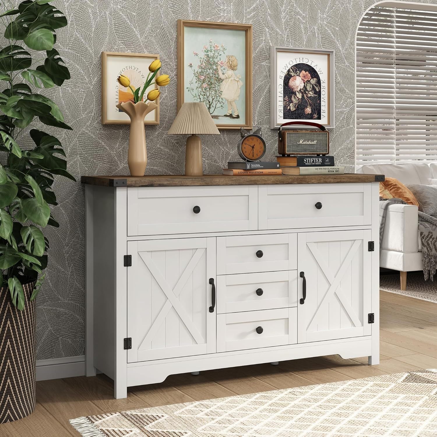 Solid Wood Farmhouse Dresser Chests for Bedroom with 5 Drawers & 2 Barn Doors Tall Chest of Drawers Rustic Dresser TV