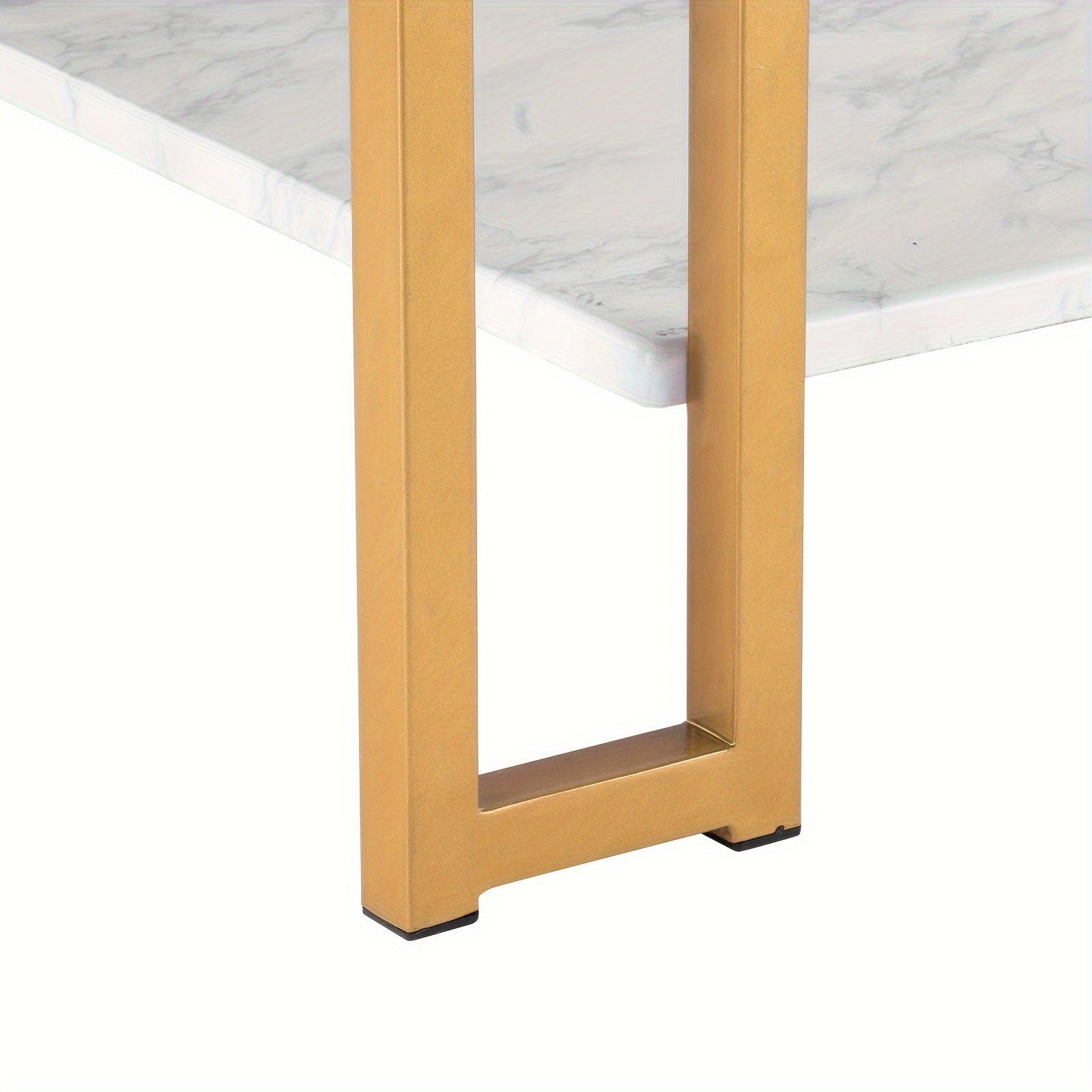 1pc Double Layer Square Frame Legs Coffee Table Rectangle Density Board, Iron 39.37*20.08*18.11inch Imitation Marble White Desktop Golden Baking Paint